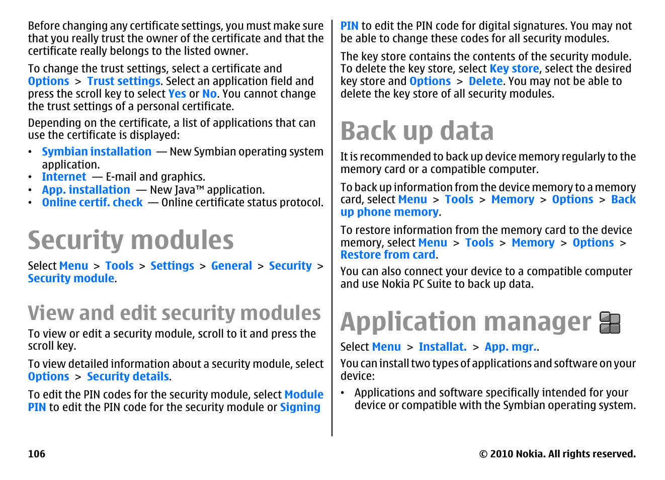 Security modules, View and edit security modules, Back up data | Application manager | Nokia E63 User Manual | Page 106 / 143