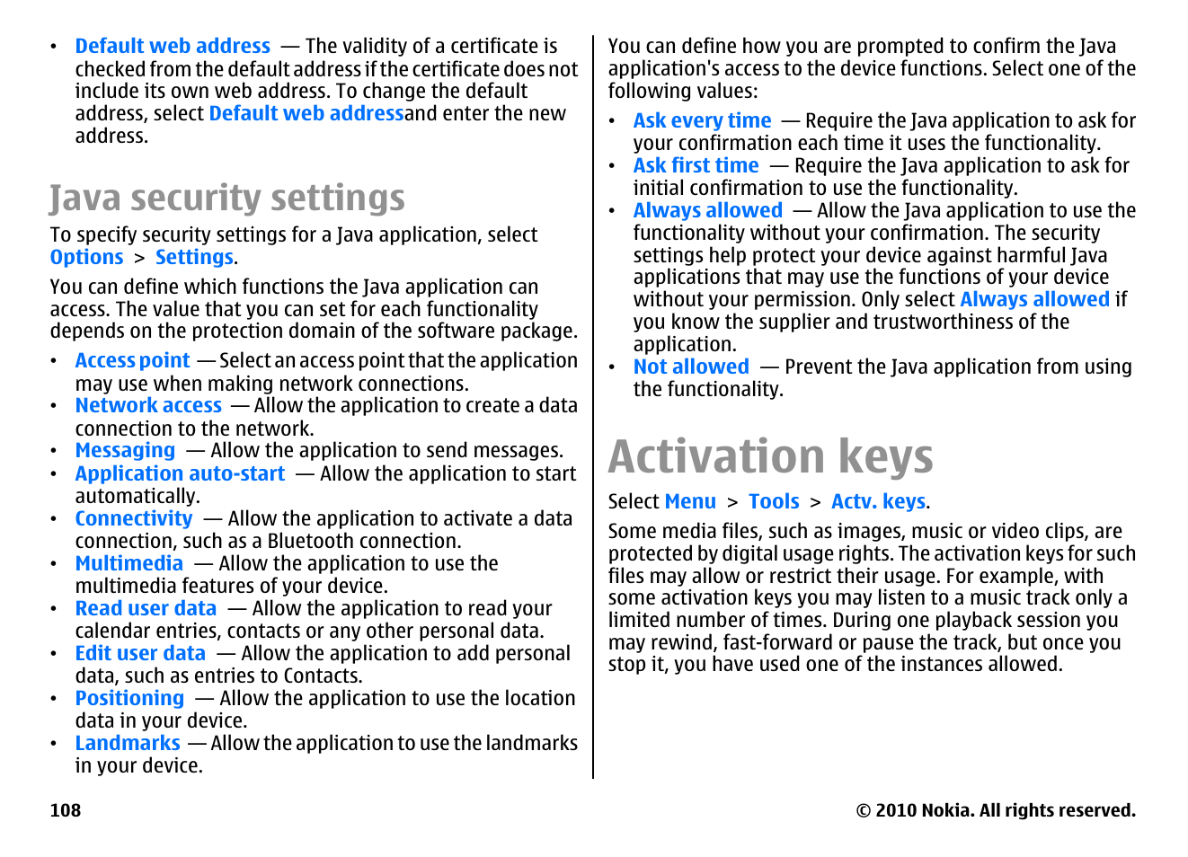 Java security settings, Activation keys | Nokia E63 User Manual | Page 108 / 143