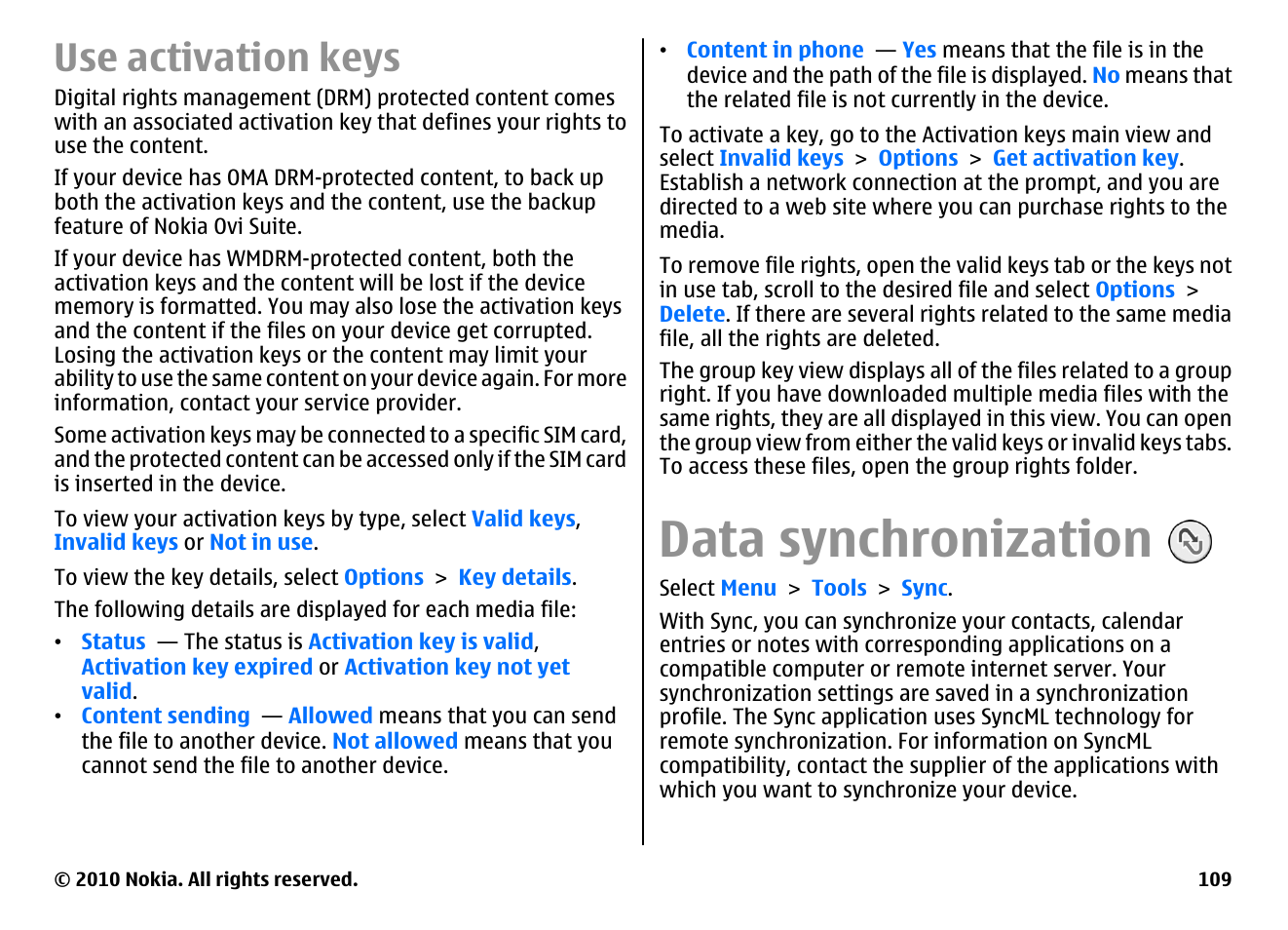 Use activation keys, Data synchronization | Nokia E63 User Manual | Page 109 / 143