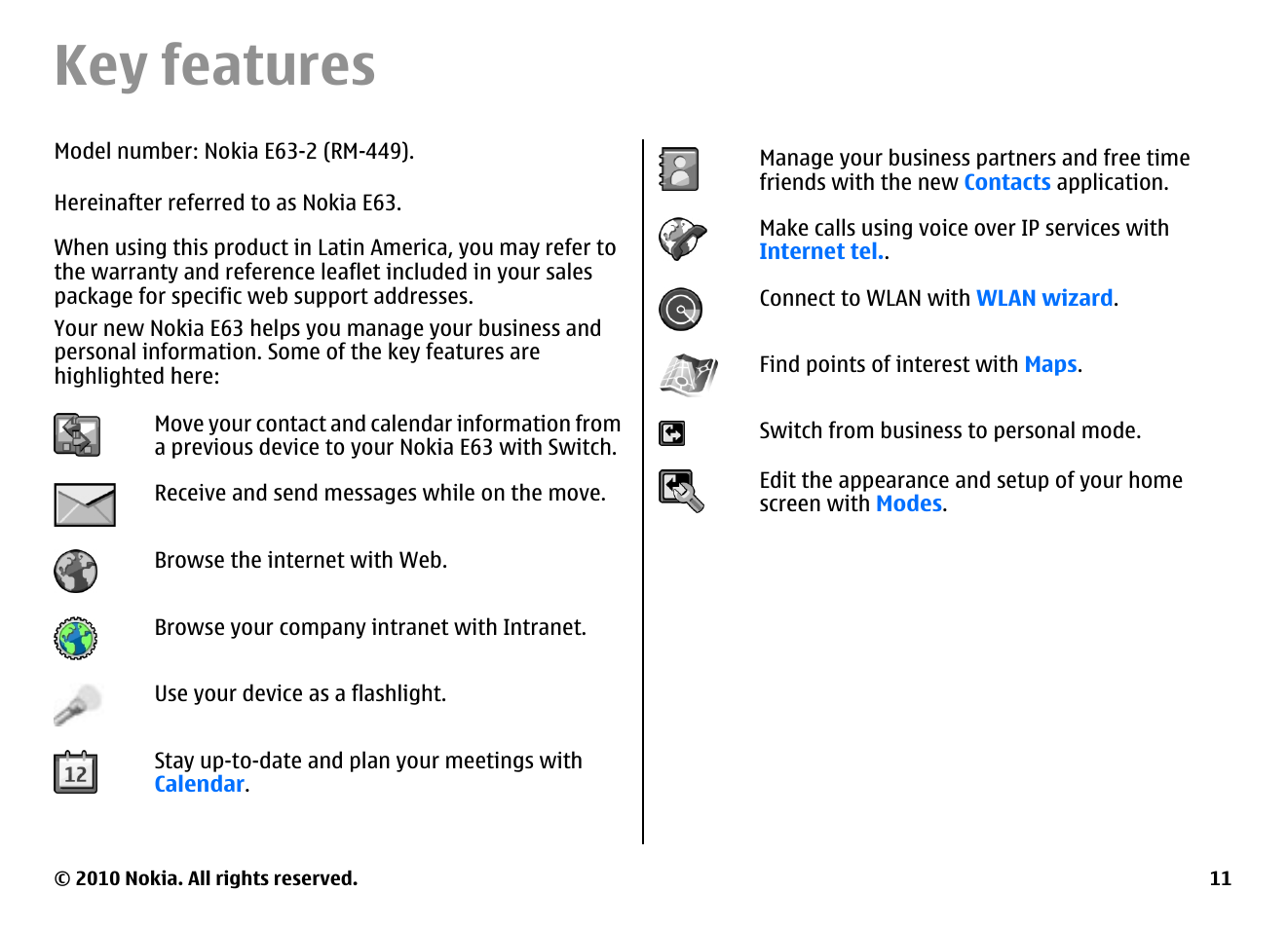 Key features | Nokia E63 User Manual | Page 11 / 143