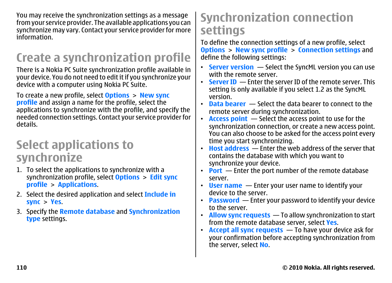 Create a synchronization profile, Select applications to synchronize, Synchronization connection settings | Nokia E63 User Manual | Page 110 / 143