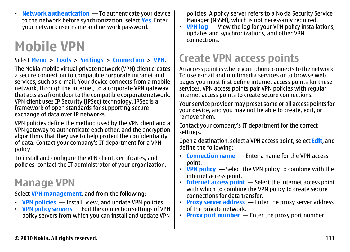 Mobile vpn, Manage vpn, Create vpn access points | Nokia E63 User Manual | Page 111 / 143