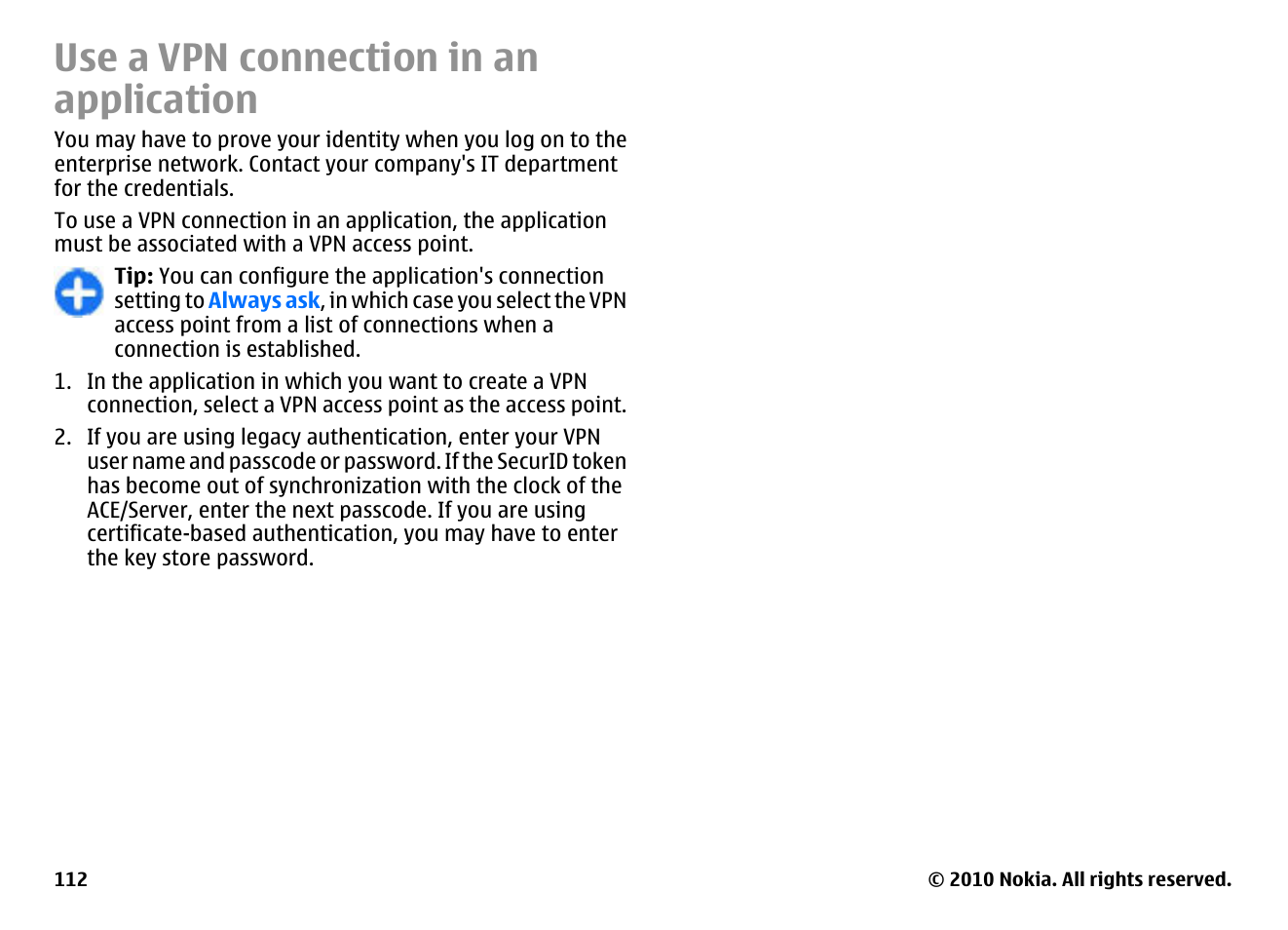 Use a vpn connection in an application | Nokia E63 User Manual | Page 112 / 143