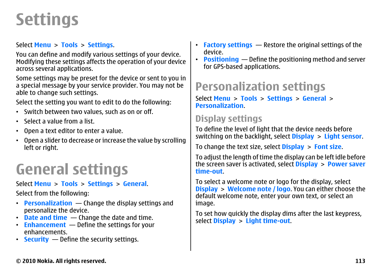 Settings, General settings, Personalization settings | Display settings | Nokia E63 User Manual | Page 113 / 143