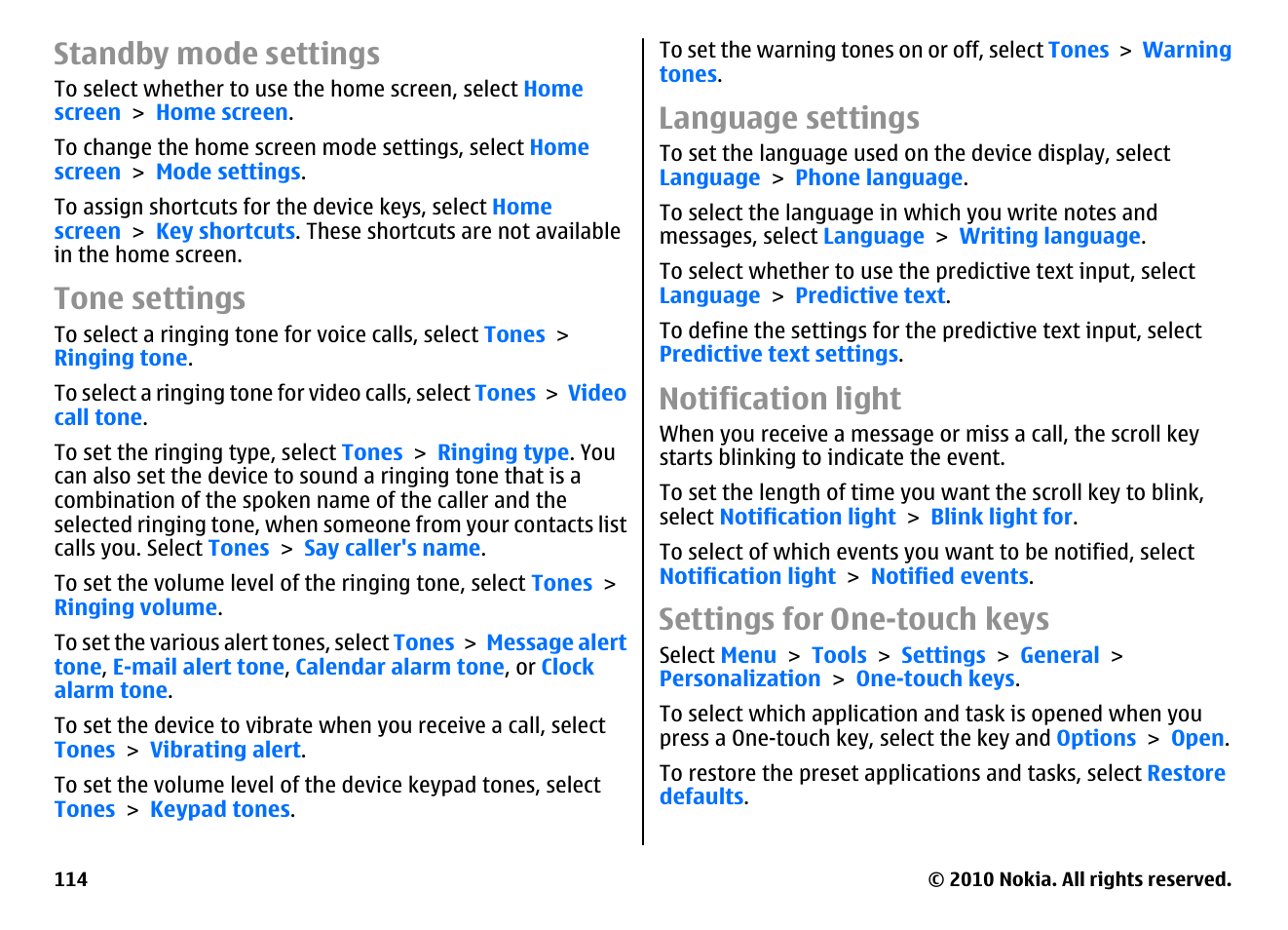 Standby mode settings, Tone settings, Language settings | Notification light, Settings for one-touch keys | Nokia E63 User Manual | Page 114 / 143
