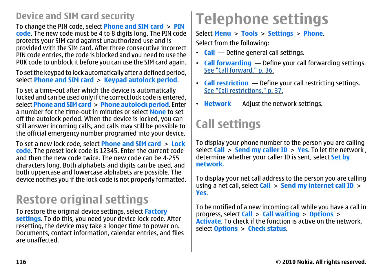 Device and sim card security, Restore original settings, Telephone settings | Call settings | Nokia E63 User Manual | Page 116 / 143