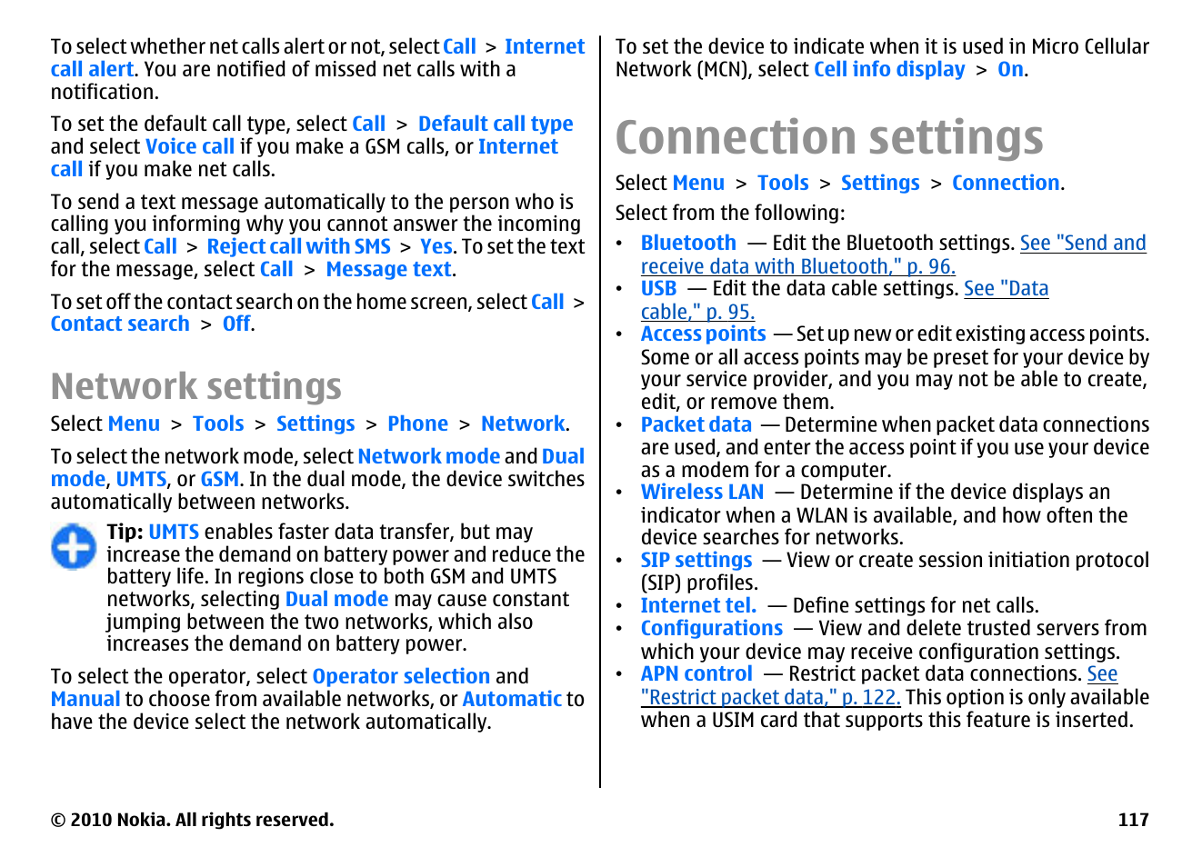 Network settings, Connection settings | Nokia E63 User Manual | Page 117 / 143