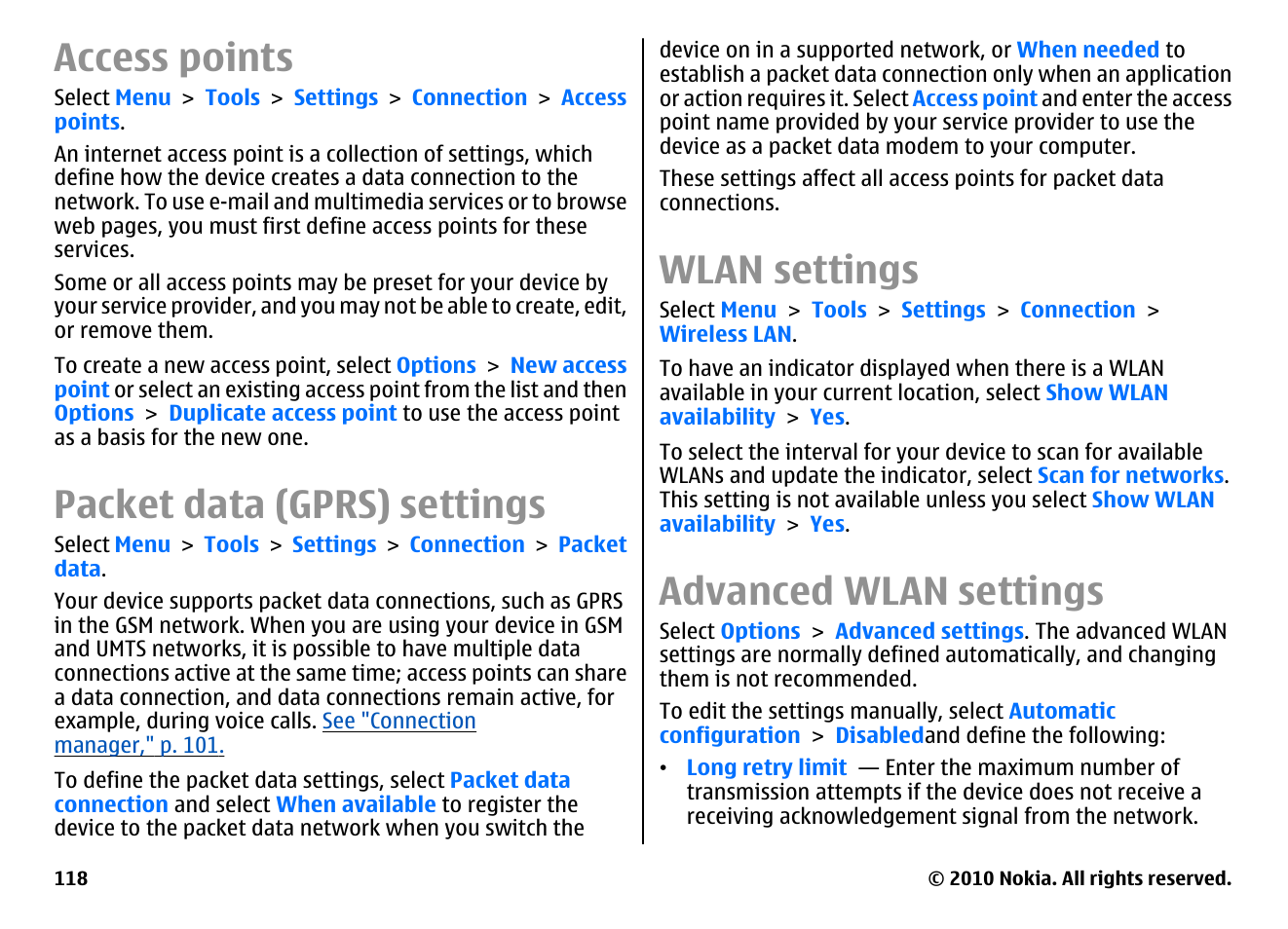 Access points, Packet data (gprs) settings, Wlan settings | Advanced wlan settings | Nokia E63 User Manual | Page 118 / 143