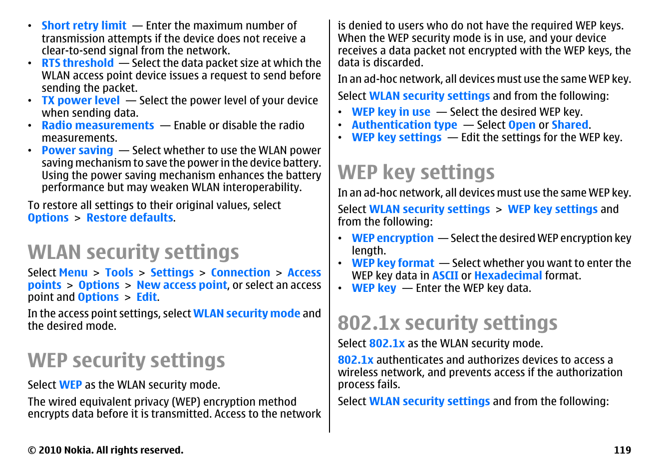 Wlan security settings, Wep security settings, Wep key settings | 1x security settings | Nokia E63 User Manual | Page 119 / 143