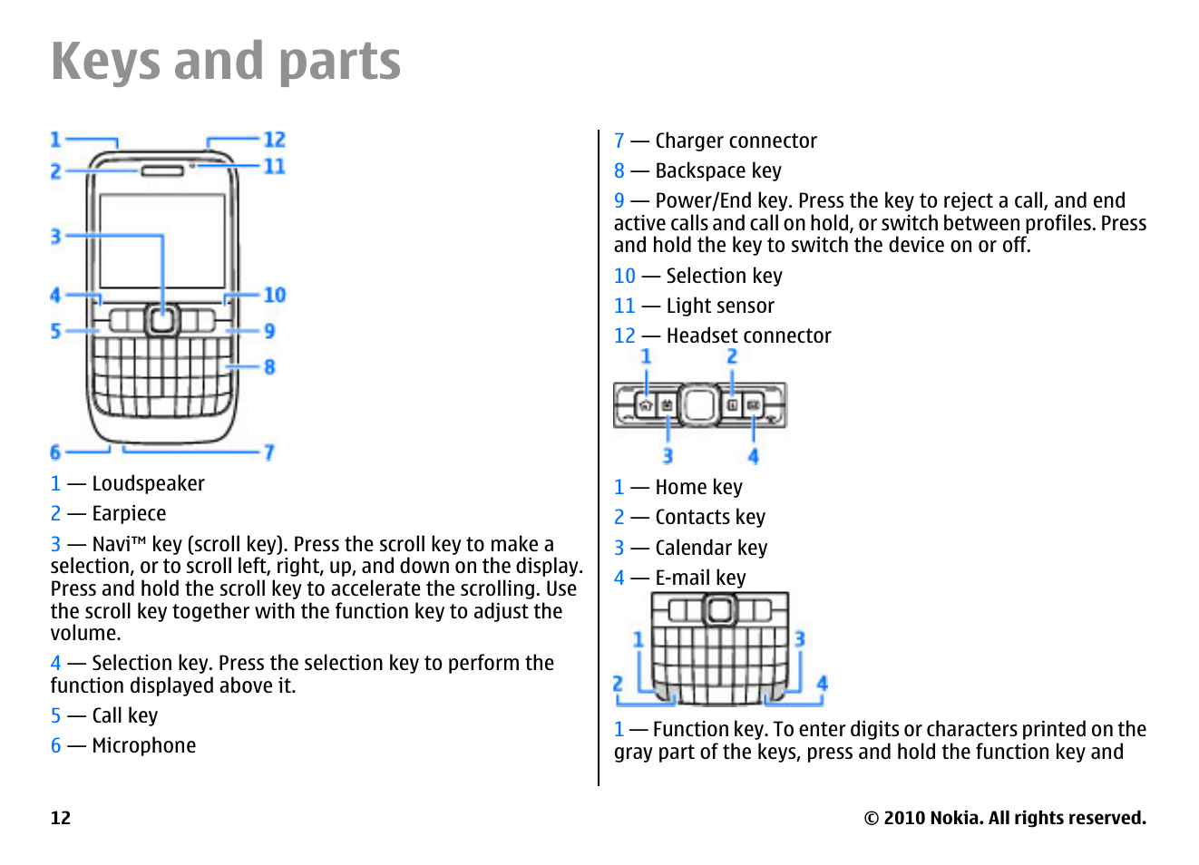 Keys and parts | Nokia E63 User Manual | Page 12 / 143