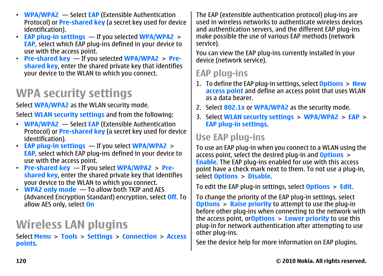 Wpa security settings, Wireless lan plugins, Eap plug-ins | Use eap plug-ins | Nokia E63 User Manual | Page 120 / 143