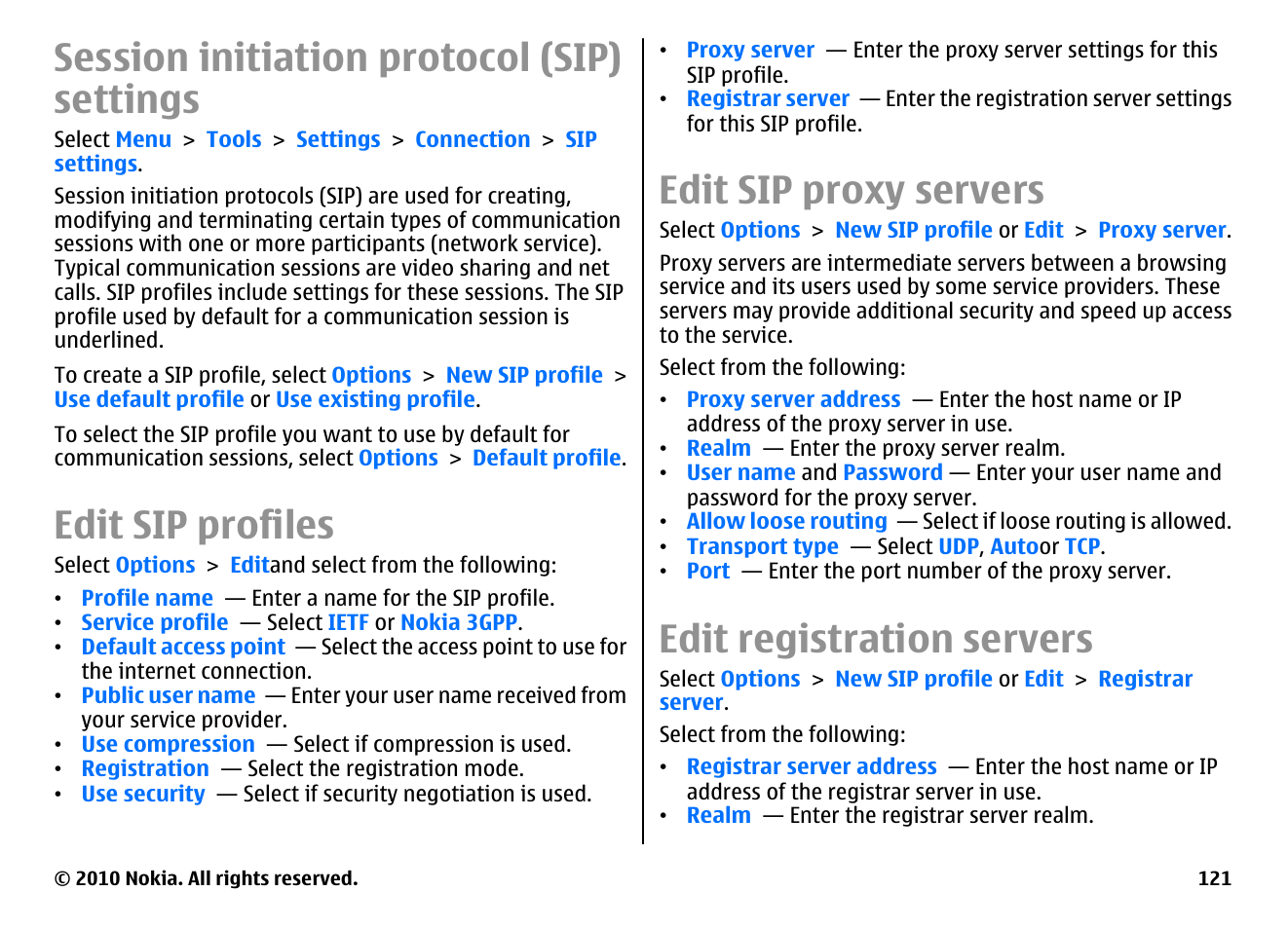 Session initiation protocol (sip) settings, Edit sip profiles, Edit sip proxy servers | Edit registration servers | Nokia E63 User Manual | Page 121 / 143