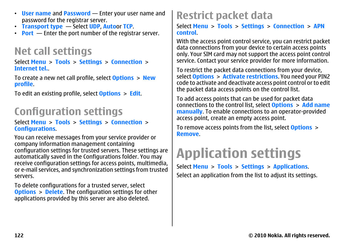 Net call settings, Configuration settings, Restrict packet data | Application settings, Nnections, Restrict packet data," p. 122 | Nokia E63 User Manual | Page 122 / 143
