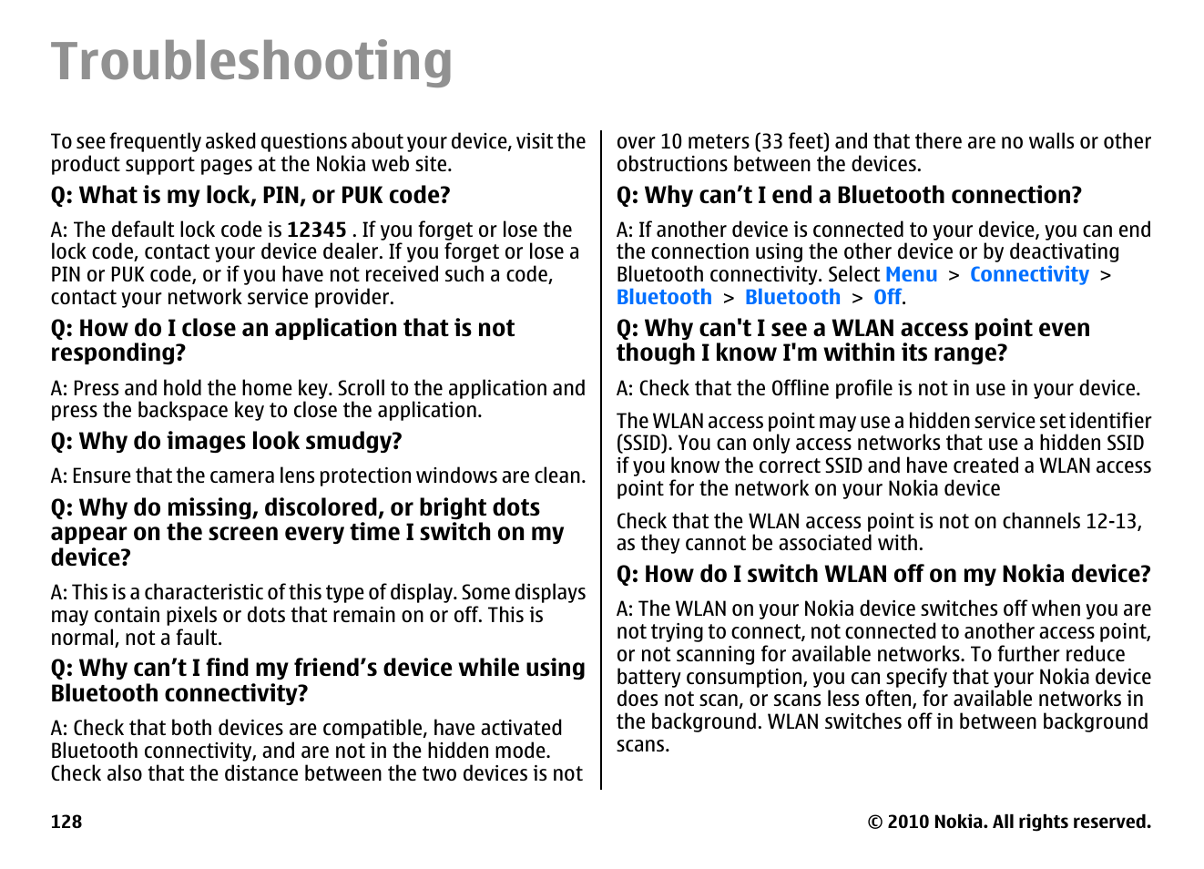 Troubleshooting | Nokia E63 User Manual | Page 128 / 143