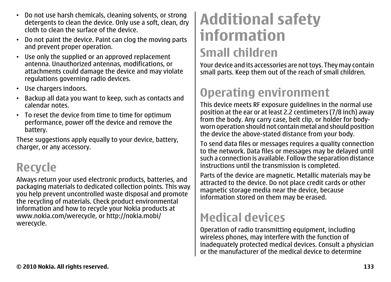 Recycle, Additional safety information, Small children | Operating environment, Medical devices | Nokia E63 User Manual | Page 133 / 143