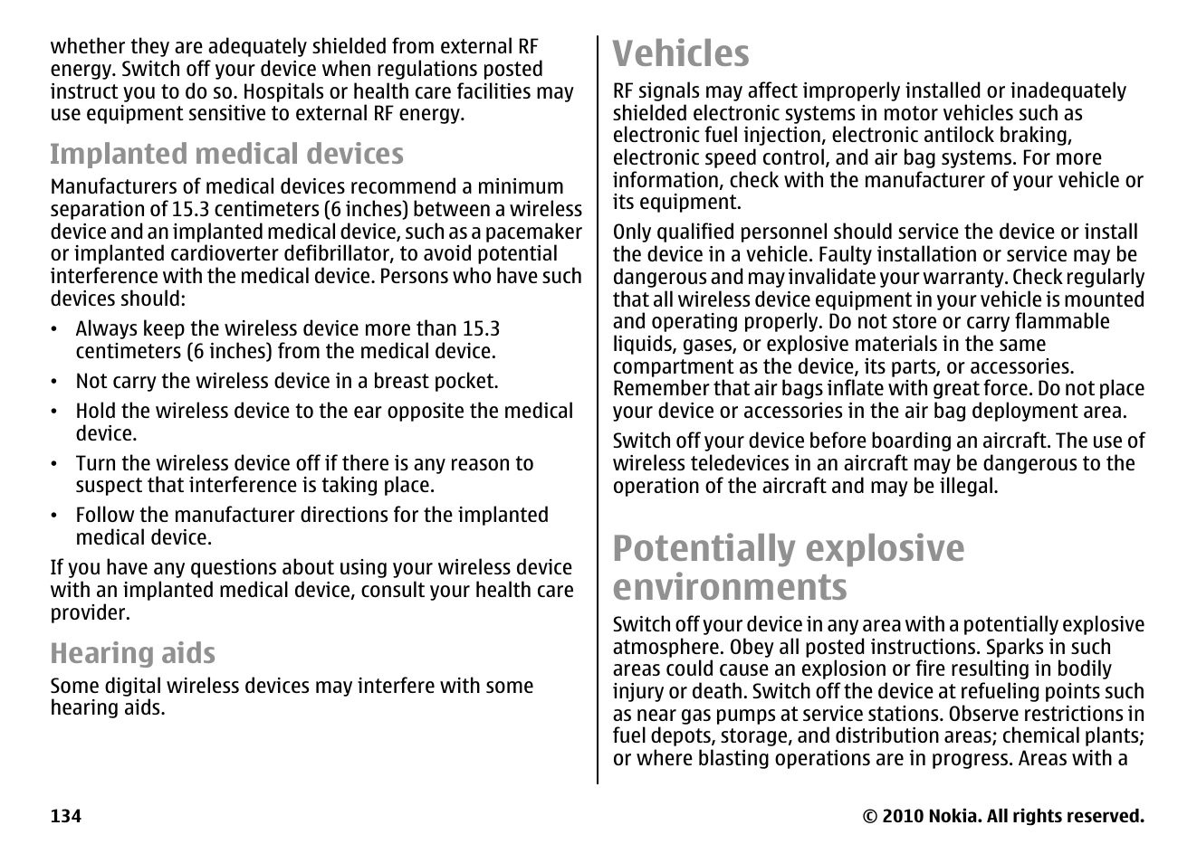 Implanted medical devices, Hearing aids, Vehicles | Potentially explosive environments | Nokia E63 User Manual | Page 134 / 143