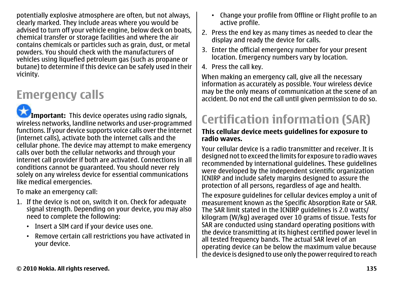 Emergency calls, Certification information (sar) | Nokia E63 User Manual | Page 135 / 143