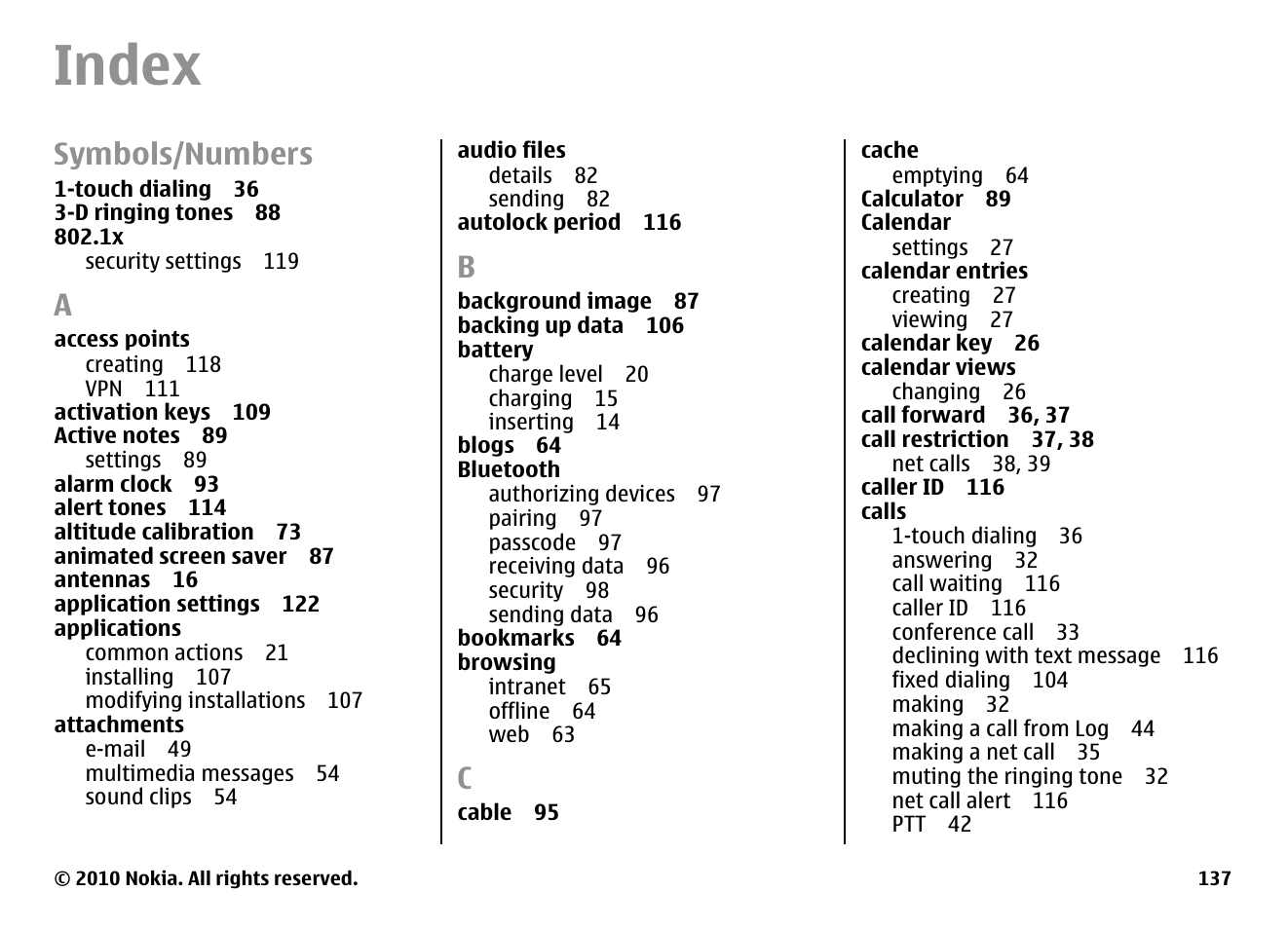 Index, Symbols/numbers | Nokia E63 User Manual | Page 137 / 143