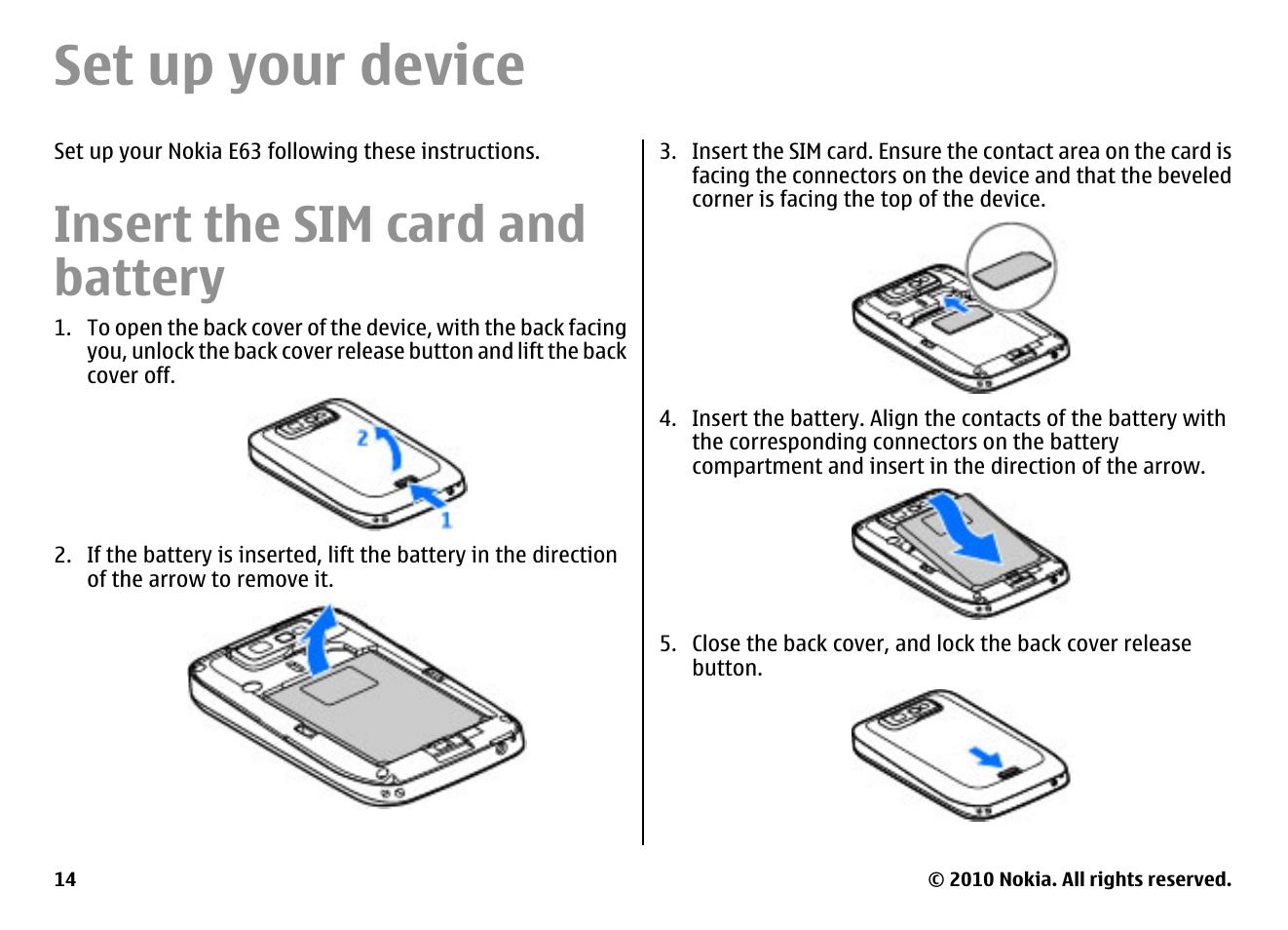 Set up your device, Insert the sim card and battery | Nokia E63 User Manual | Page 14 / 143