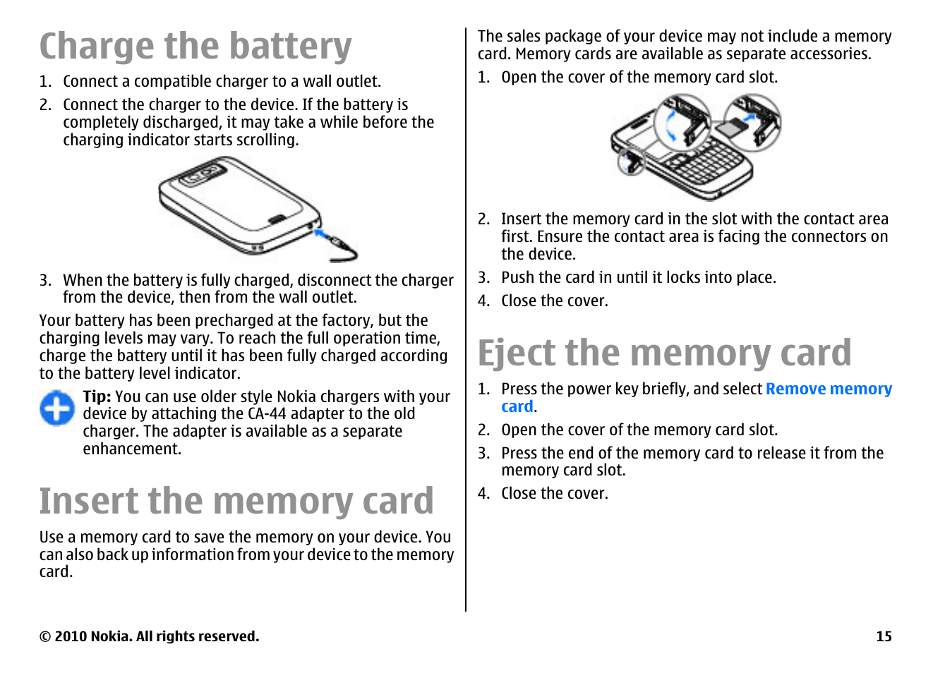 Charge the battery, Insert the memory card, Eject the memory card | Nokia E63 User Manual | Page 15 / 143