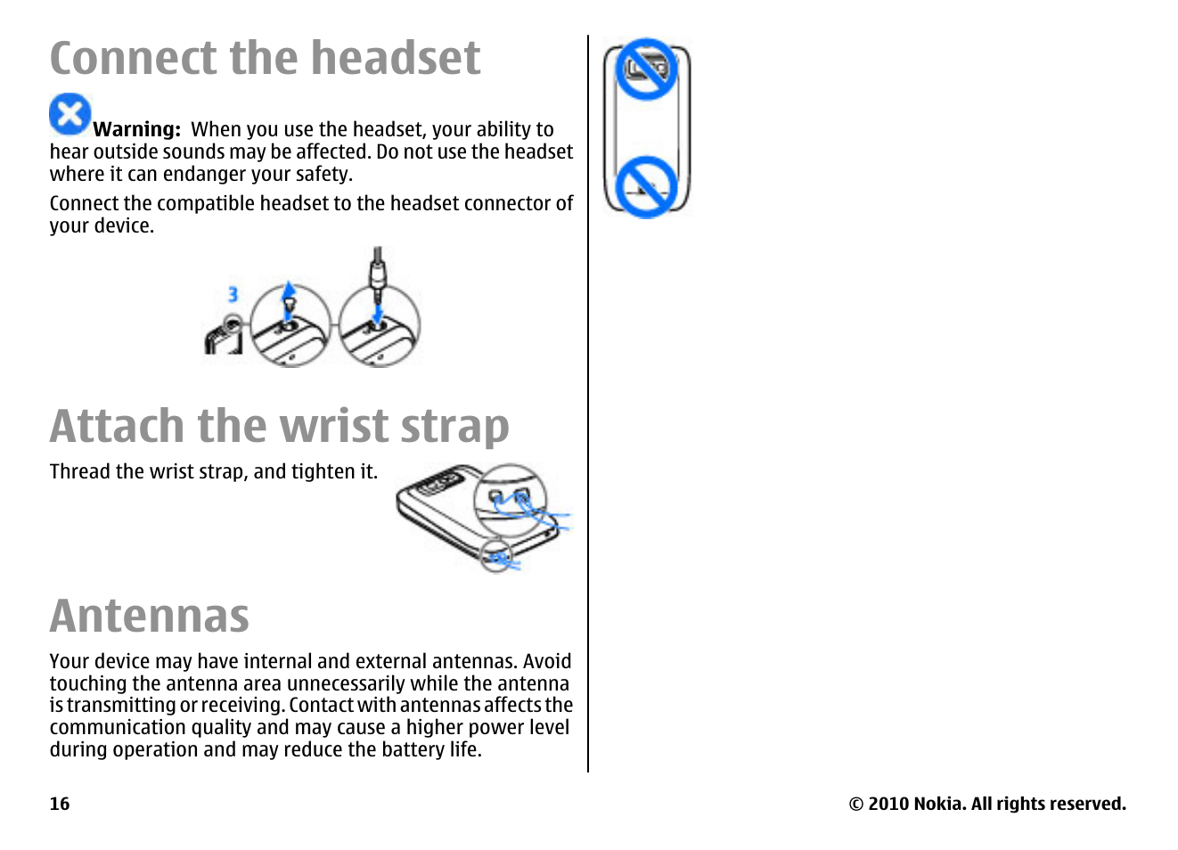 Connect the headset, Attach the wrist strap, Antennas | Nokia E63 User Manual | Page 16 / 143