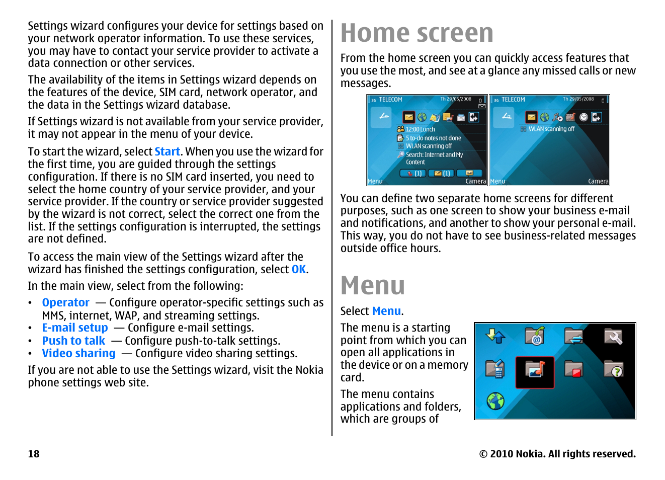 Home screen, Menu | Nokia E63 User Manual | Page 18 / 143