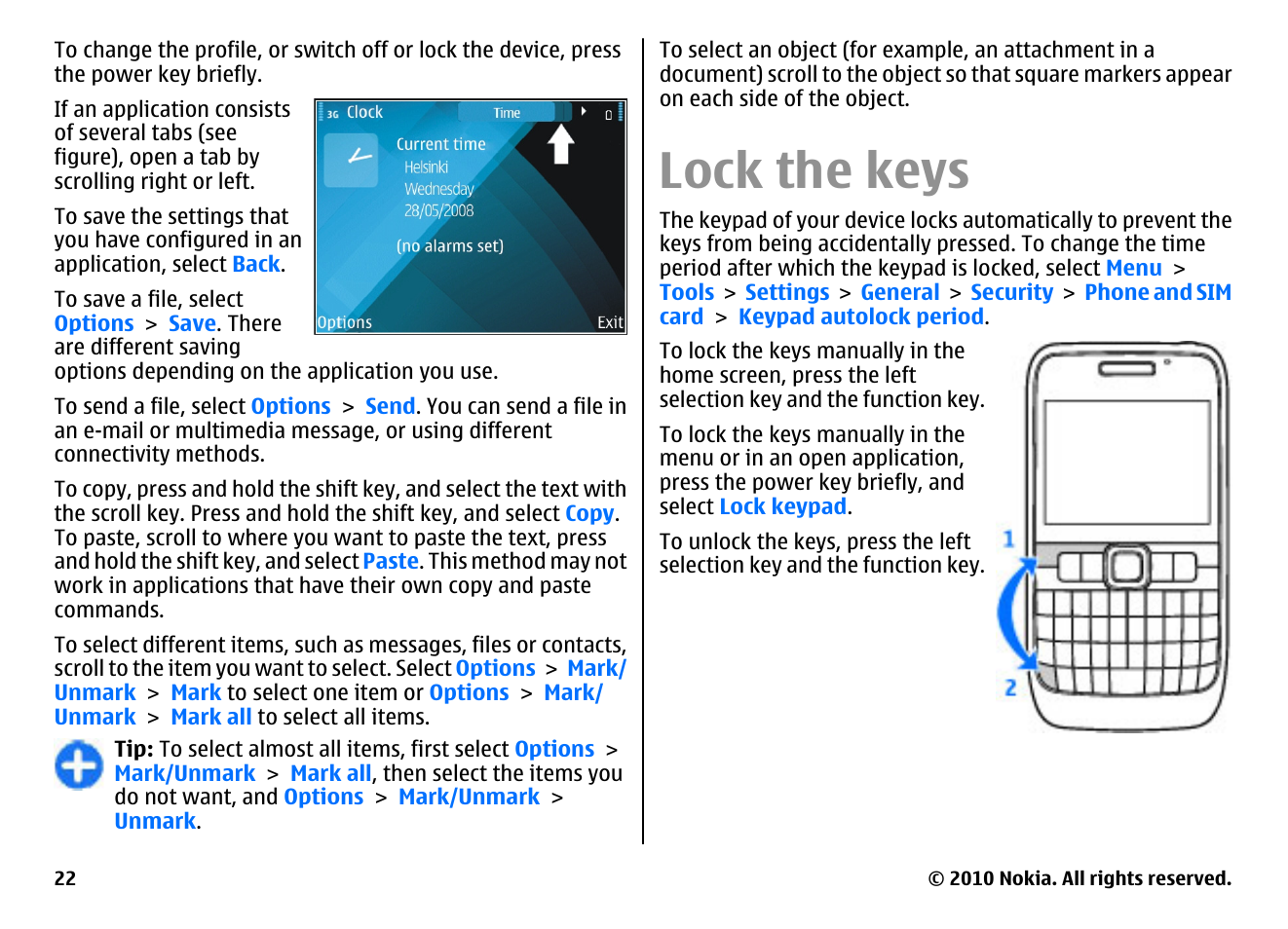 Lock the keys | Nokia E63 User Manual | Page 22 / 143