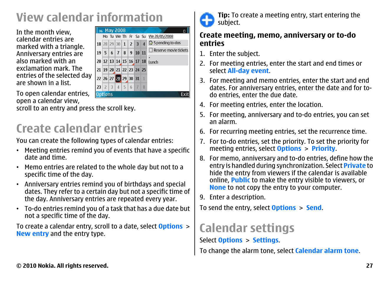 View calendar information, Create calendar entries, Calendar settings | Nokia E63 User Manual | Page 27 / 143