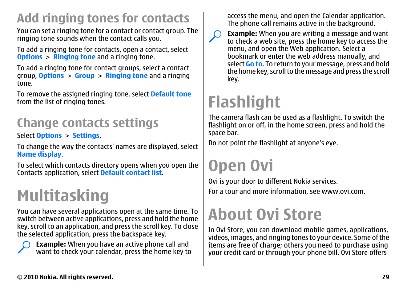 Add ringing tones for contacts, Change contacts settings, Multitasking | Flashlight, Open ovi, About ovi store | Nokia E63 User Manual | Page 29 / 143