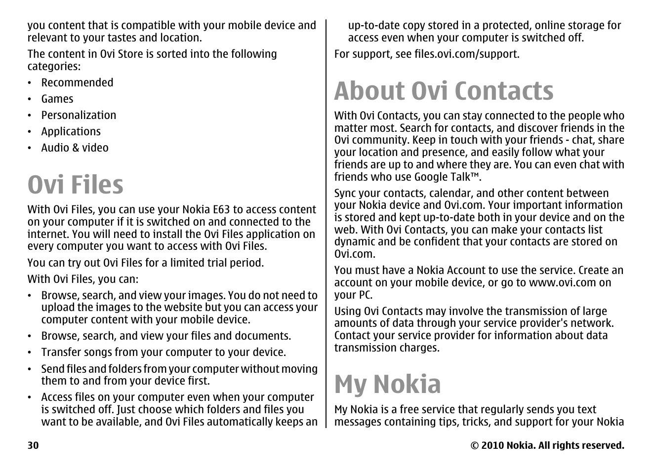 Ovi files, About ovi contacts, My nokia | Nokia E63 User Manual | Page 30 / 143