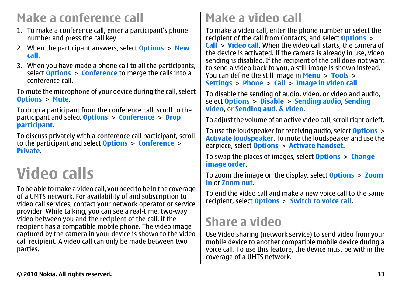 Make a conference call, Video calls, Make a video call | Share a video | Nokia E63 User Manual | Page 33 / 143