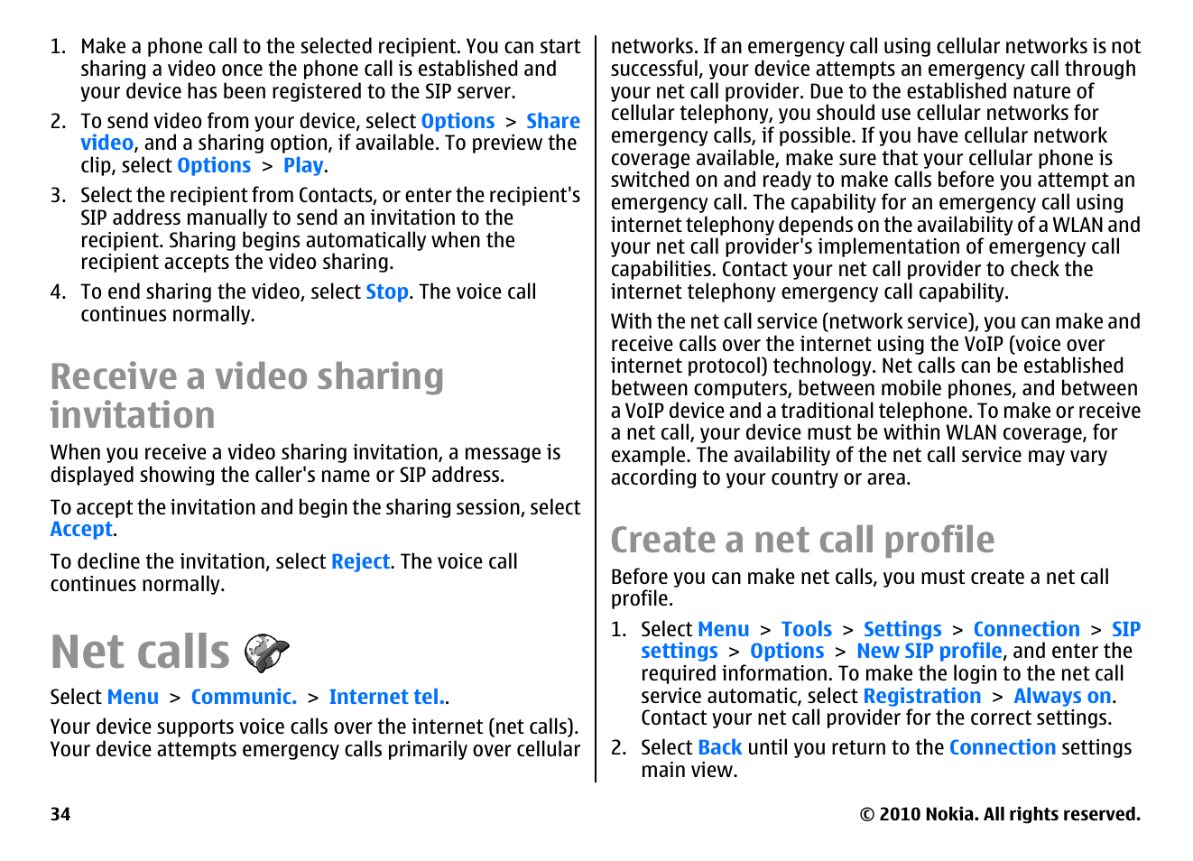 Receive a video sharing invitation, Net calls, Create a net call profile | Nokia E63 User Manual | Page 34 / 143