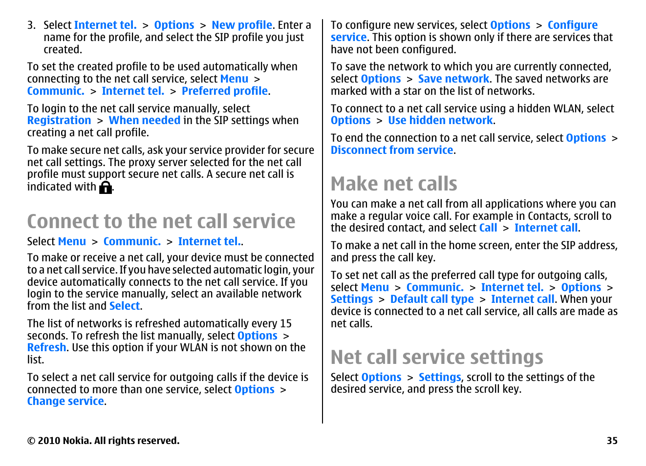 Connect to the net call service, Make net calls, Net call service settings | Nokia E63 User Manual | Page 35 / 143