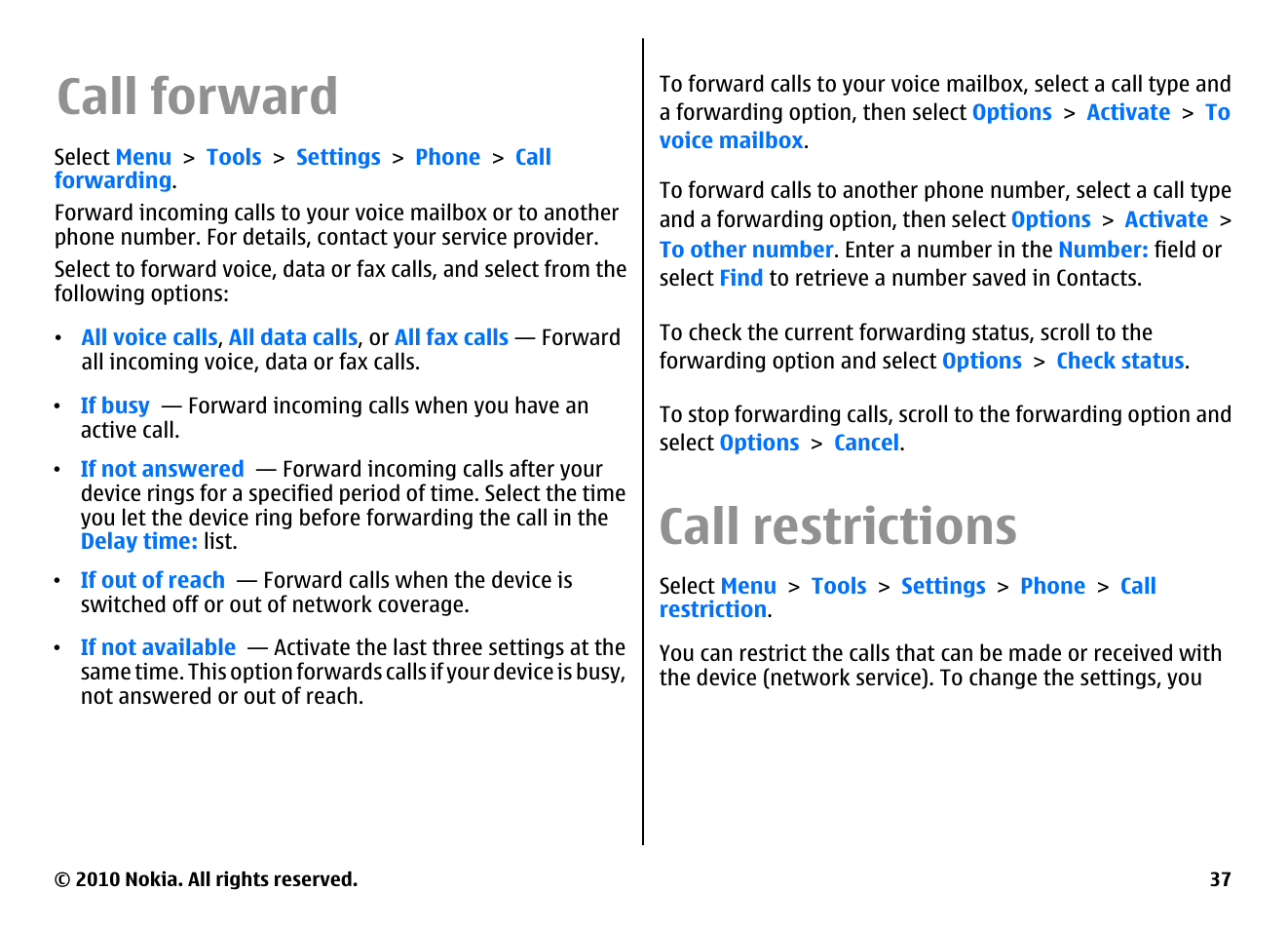 Call forward, Call restrictions, Call restrictions call restriction | Nokia E63 User Manual | Page 37 / 143