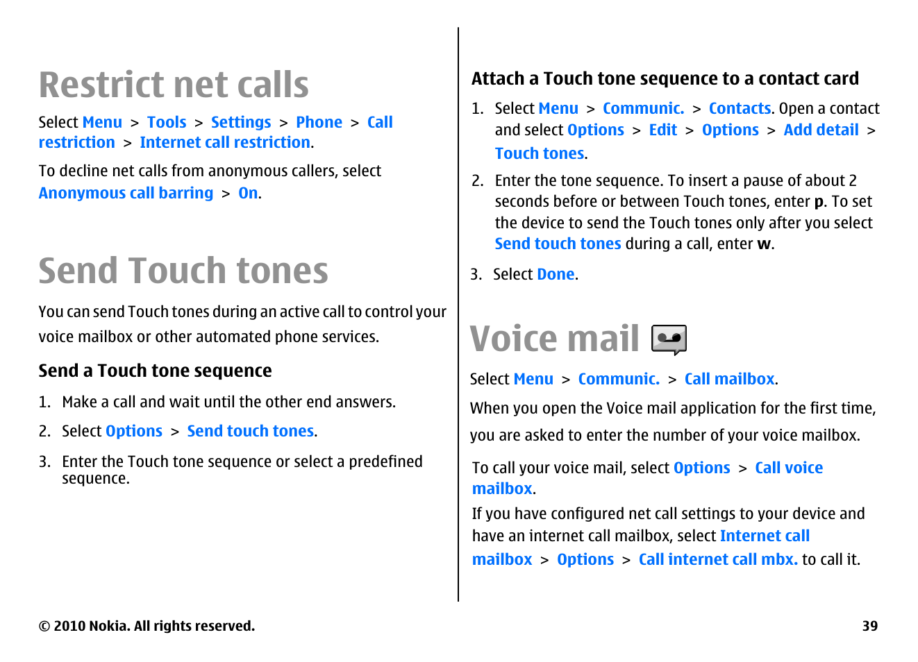 Restrict net calls, Send touch tones, Voice mail | Voice aid | Nokia E63 User Manual | Page 39 / 143