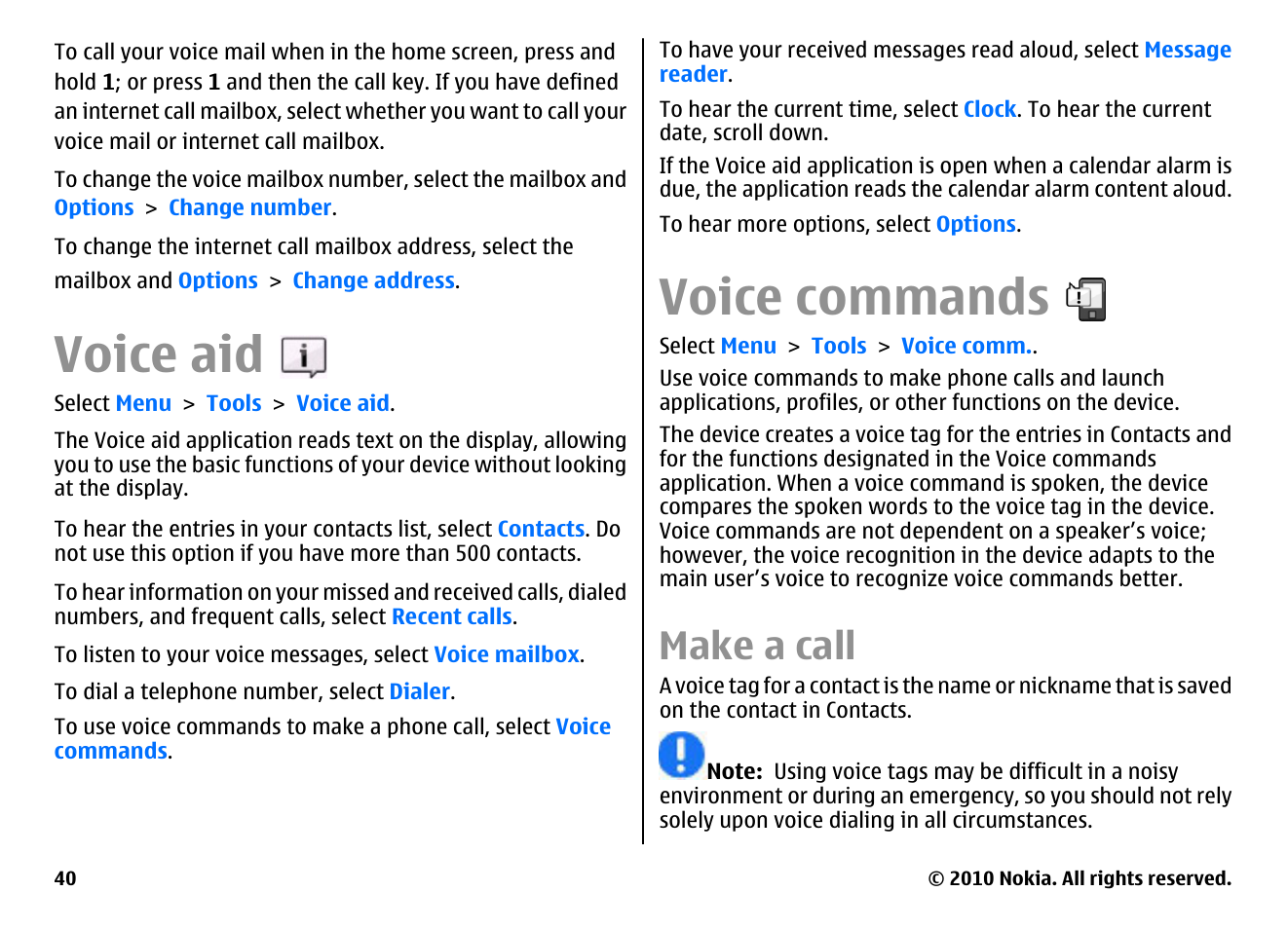 Voice aid, Voice commands, Make a call | Push to talk | Nokia E63 User Manual | Page 40 / 143