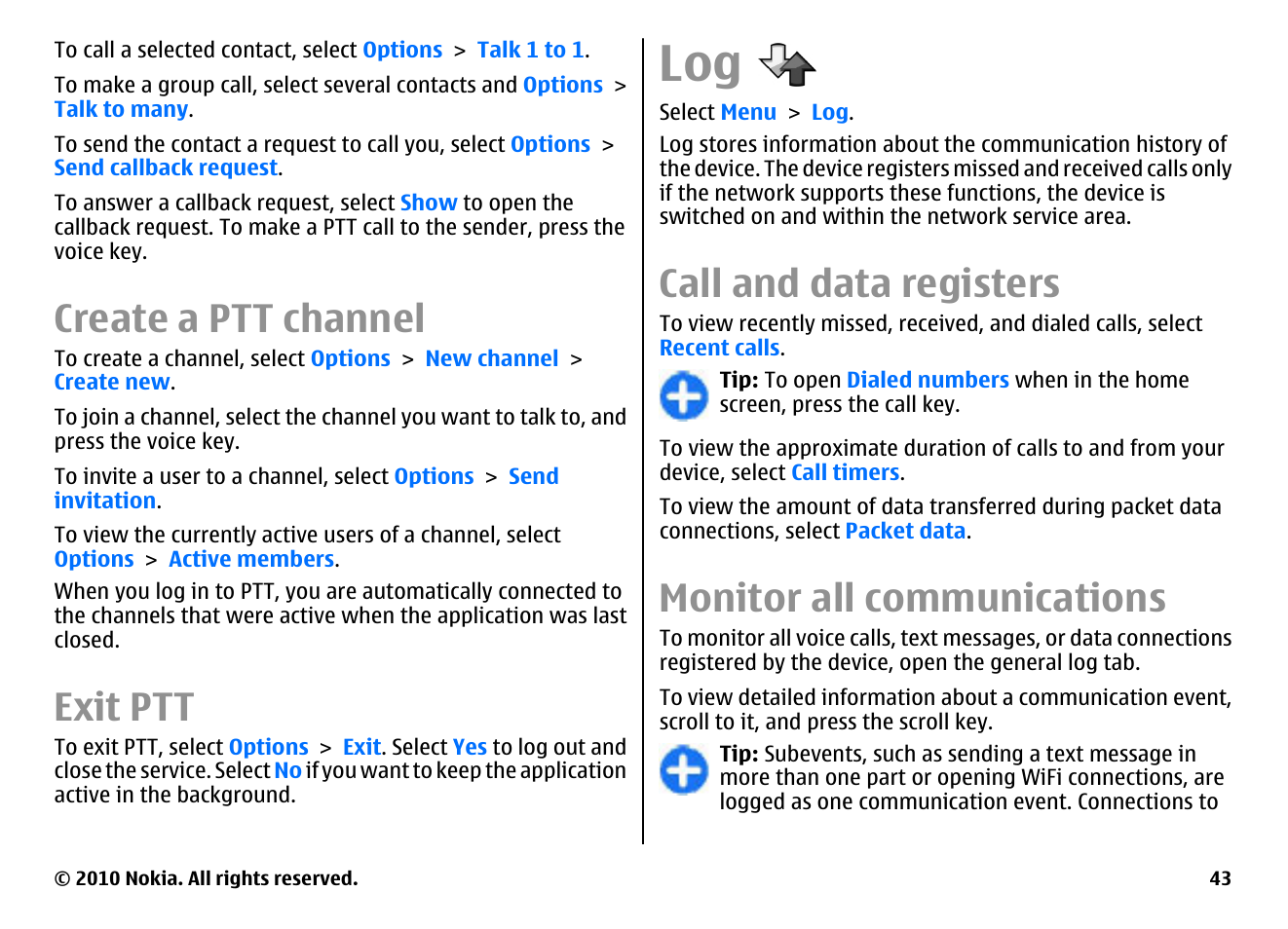 Create a ptt channel, Exit ptt, Call and data registers | Monitor all communications | Nokia E63 User Manual | Page 43 / 143