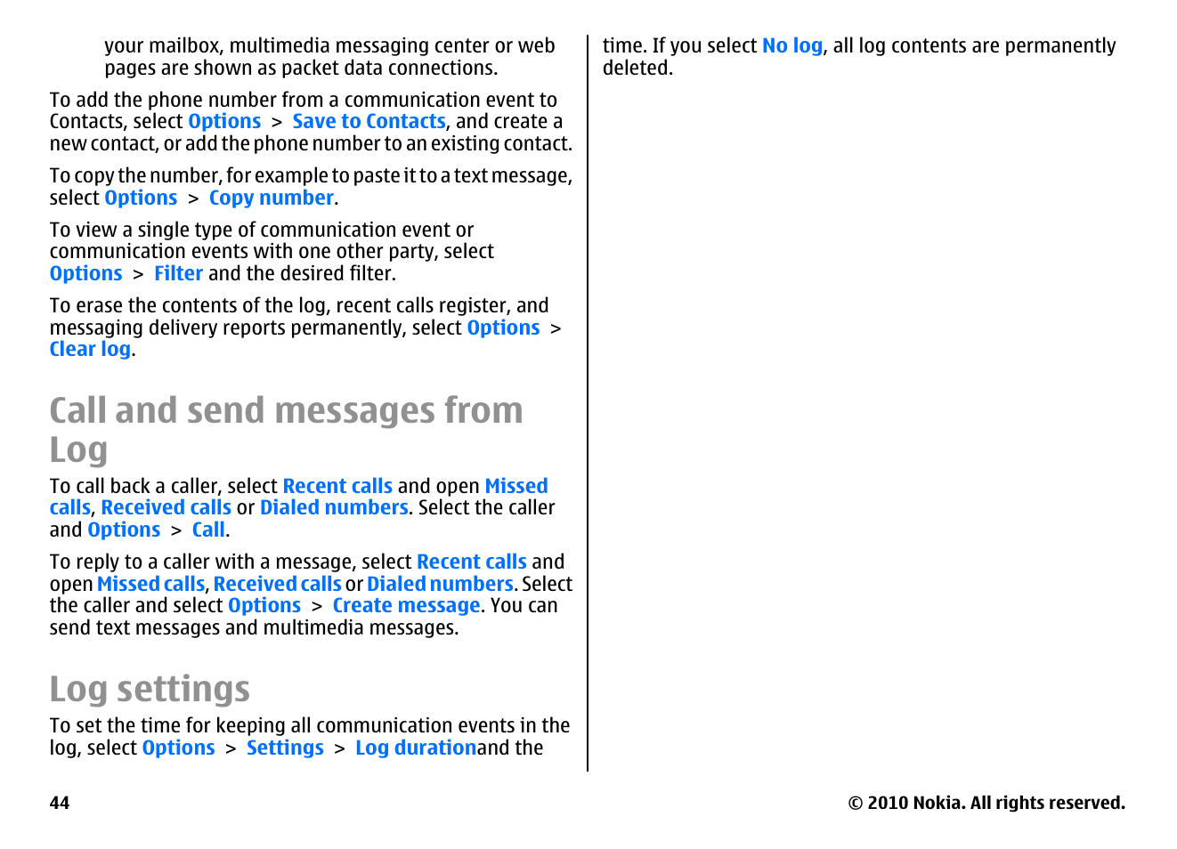 Call and send messages from log, Log settings | Nokia E63 User Manual | Page 44 / 143