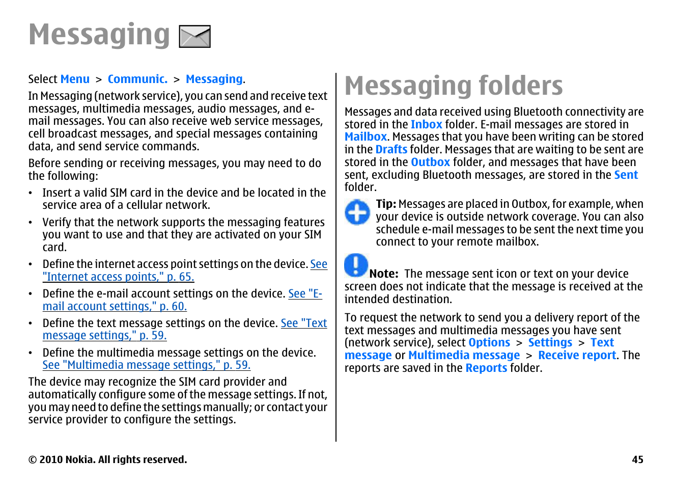 Messaging, Messaging folders | Nokia E63 User Manual | Page 45 / 143