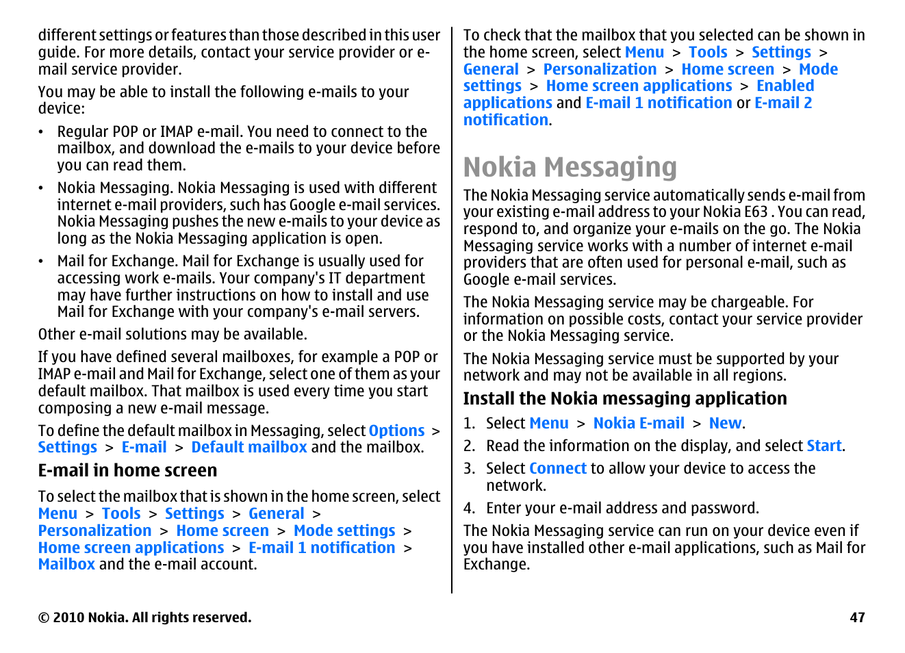 Nokia messaging | Nokia E63 User Manual | Page 47 / 143