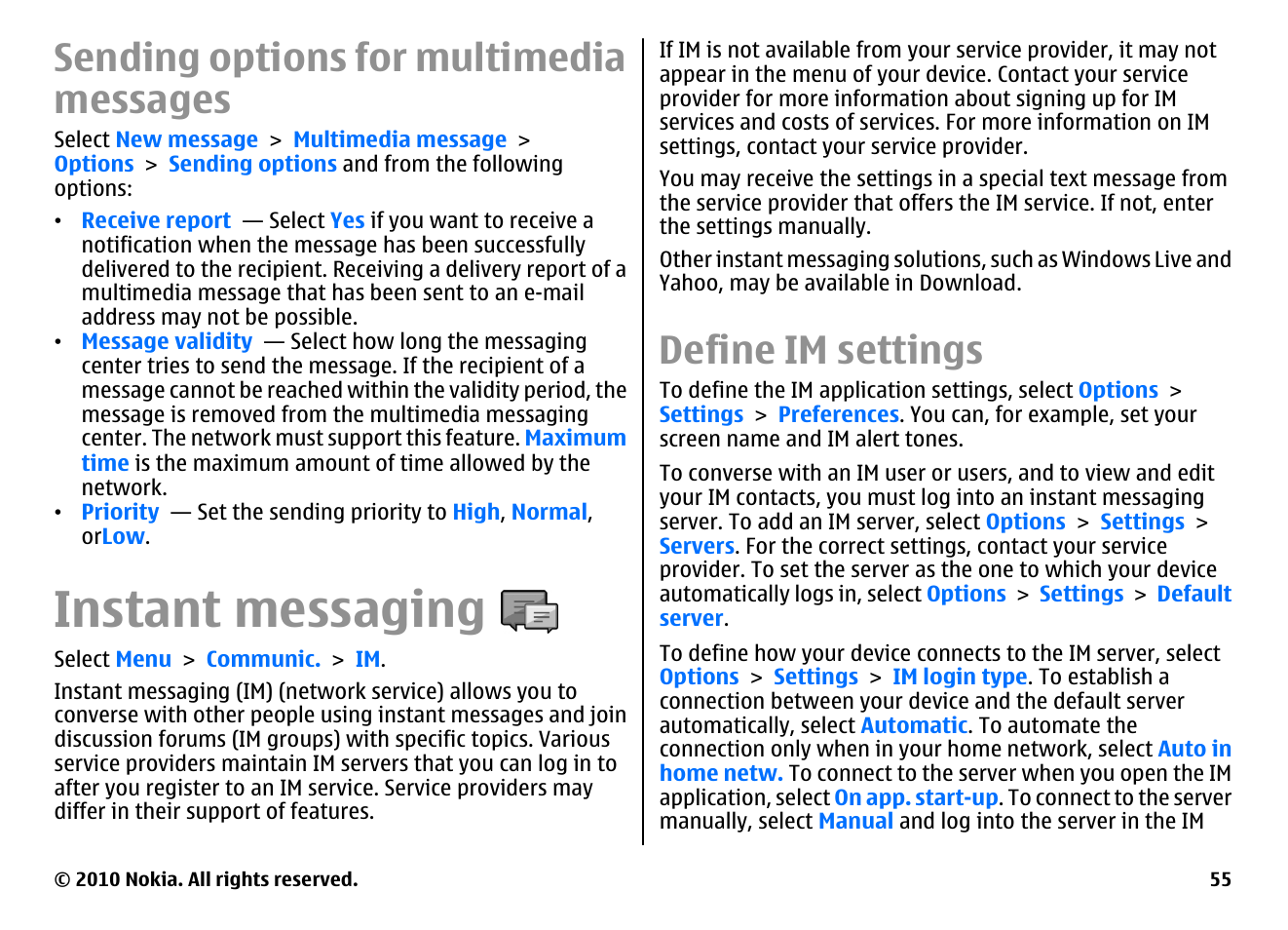 Sending options for multimedia messages, Instant messaging, Define im settings | Nokia E63 User Manual | Page 55 / 143