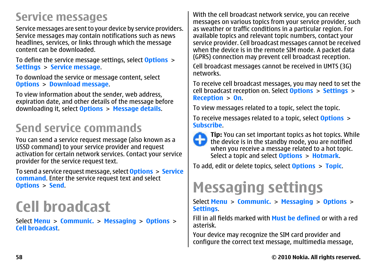 Service messages, Send service commands, Cell broadcast | Messaging settings | Nokia E63 User Manual | Page 58 / 143