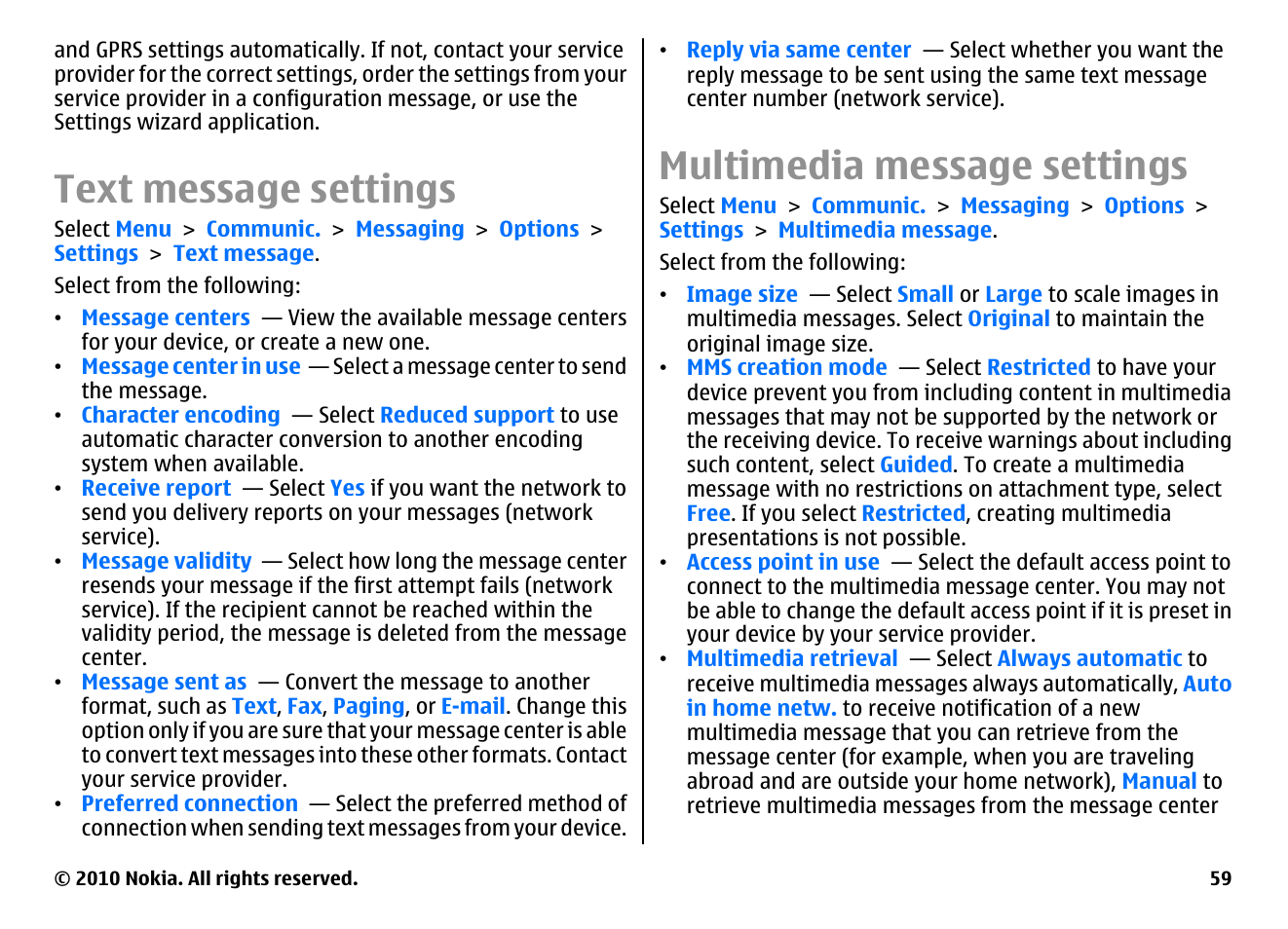 Text message settings, Multimedia message settings, See "text | Message settings," p. 59, See "multimedia message settings," p. 59 | Nokia E63 User Manual | Page 59 / 143