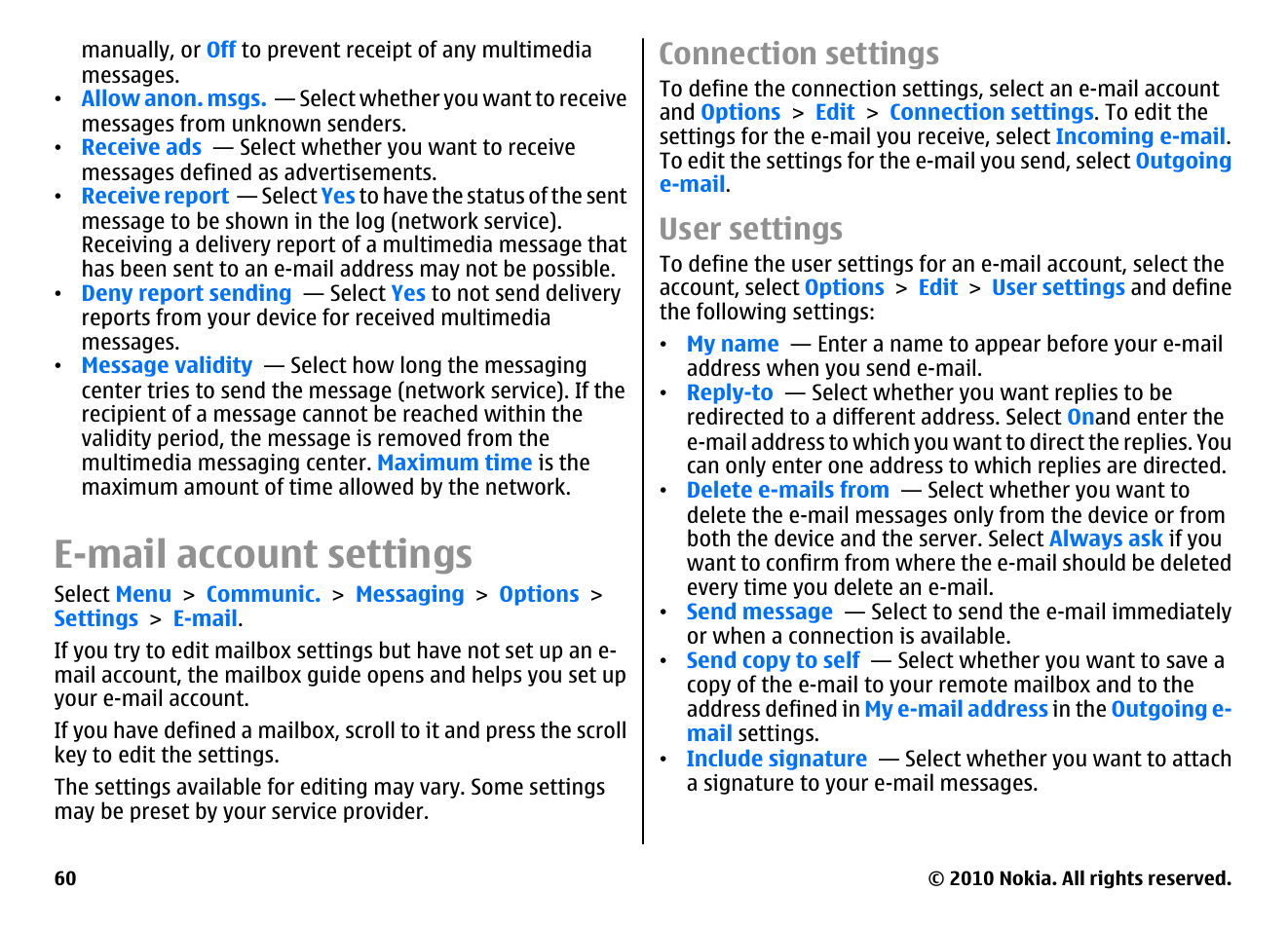 E-mail account settings, Connection settings, User settings | See "e, Mail account settings," p. 60 | Nokia E63 User Manual | Page 60 / 143