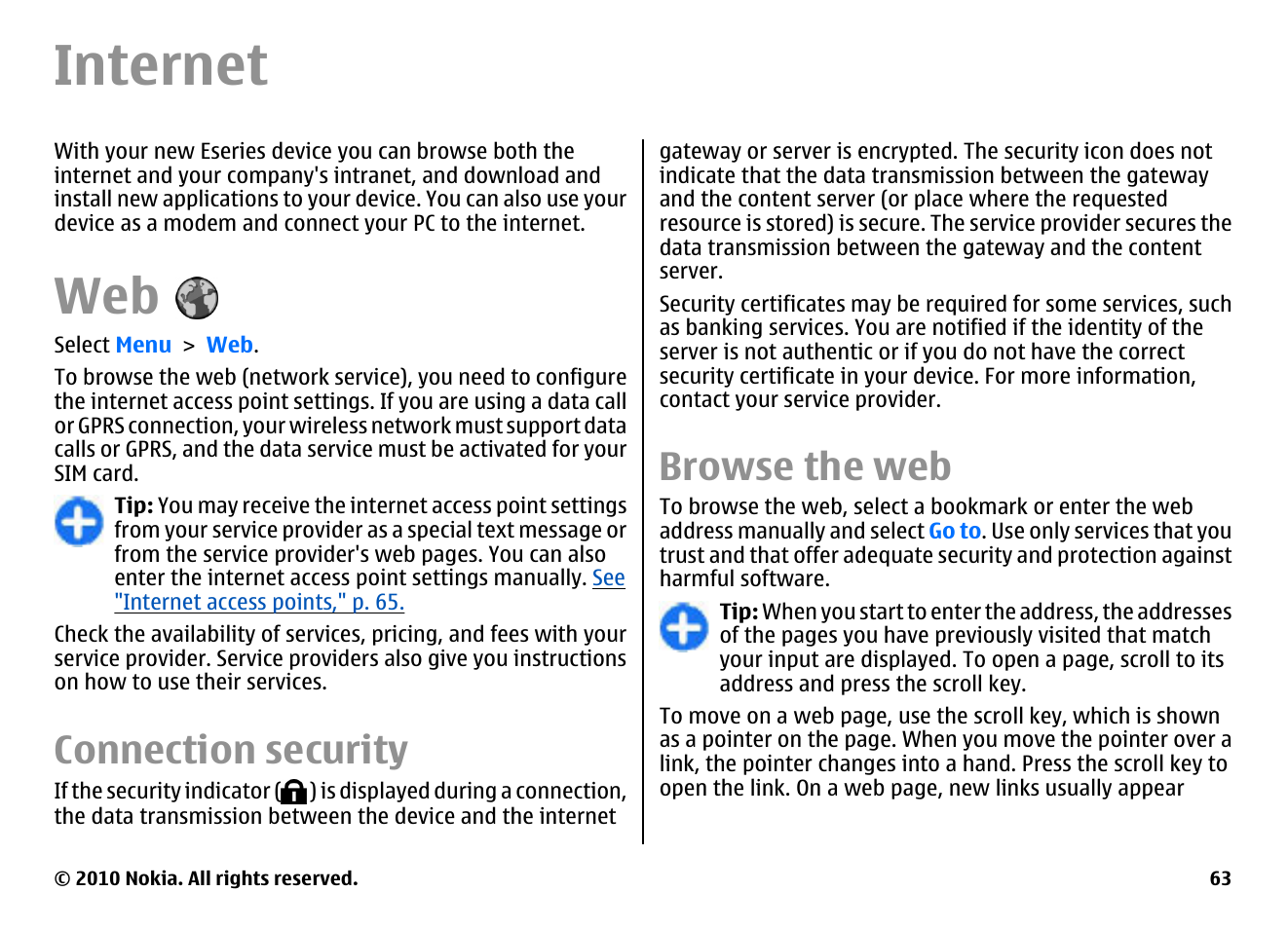 Internet, Connection security, Browse the web | Nokia E63 User Manual | Page 63 / 143