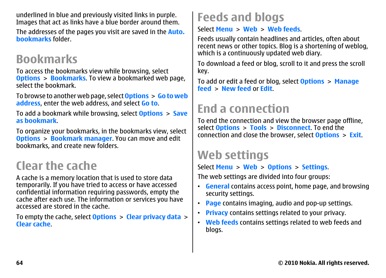 Bookmarks, Clear the cache, Feeds and blogs | End a connection, Web settings | Nokia E63 User Manual | Page 64 / 143