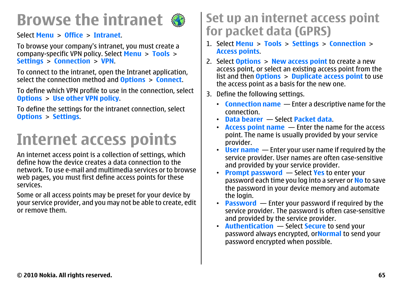 Browse the intranet, Internet access points, Device | Internet access points," p. 65 | Nokia E63 User Manual | Page 65 / 143