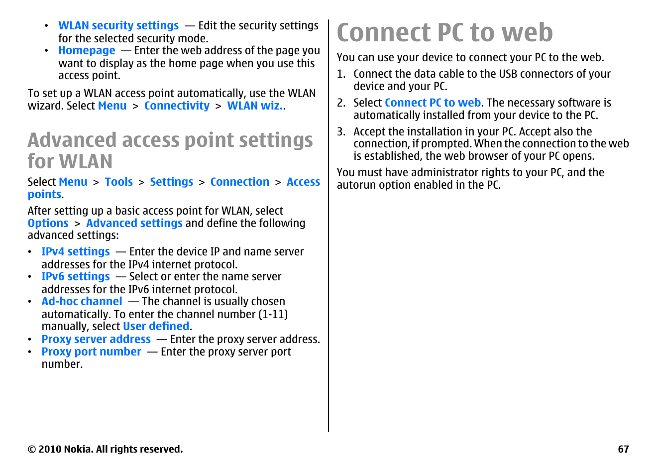 Advanced access point settings for wlan, Connect pc to web | Nokia E63 User Manual | Page 67 / 143