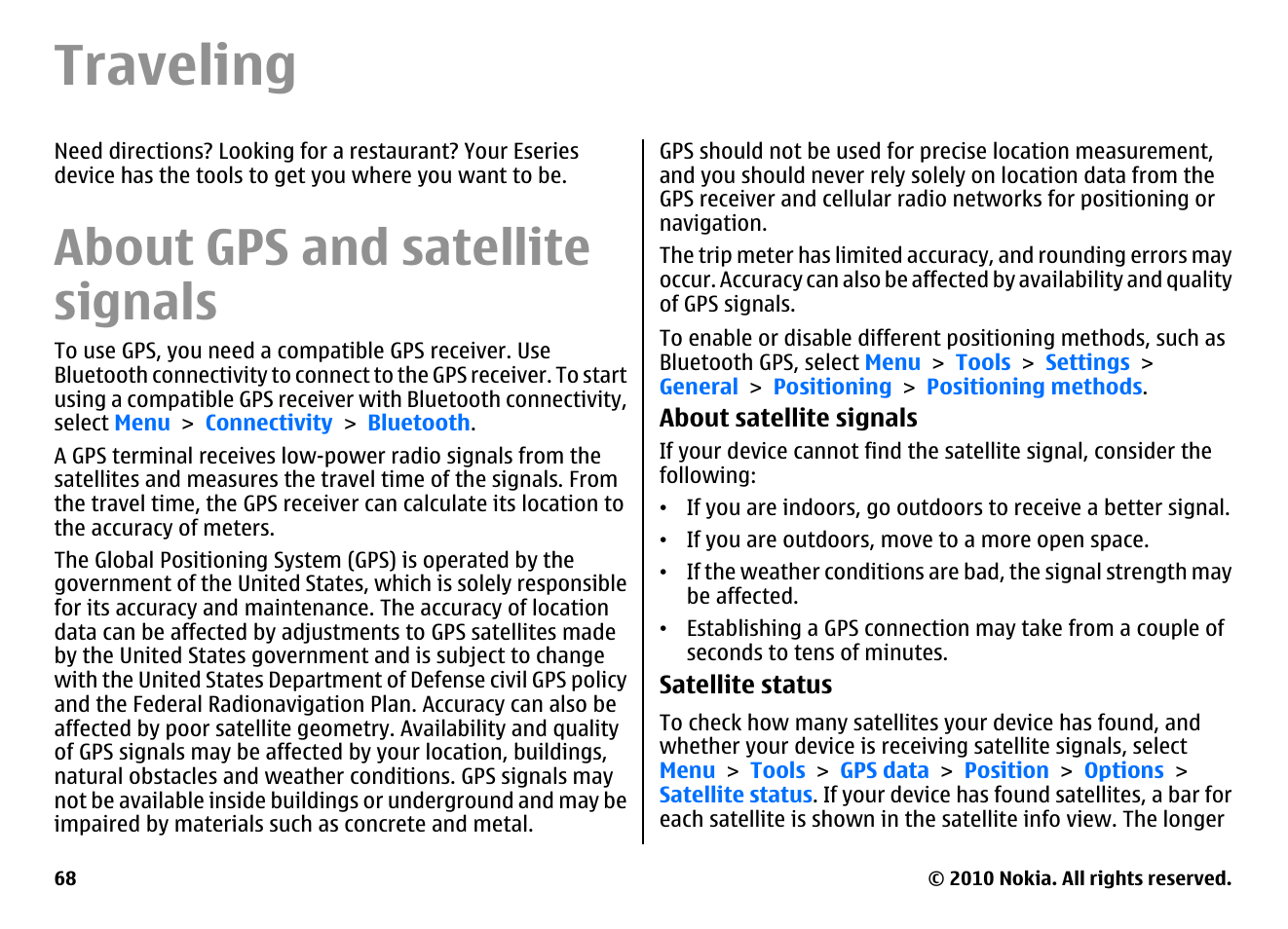 Traveling, About gps and satellite signals | Nokia E63 User Manual | Page 68 / 143