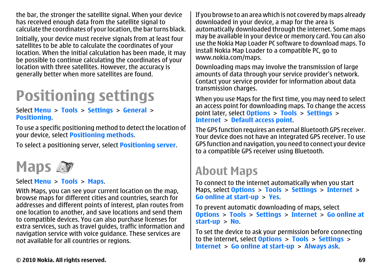 Positioning settings, Maps, About maps | Nokia E63 User Manual | Page 69 / 143